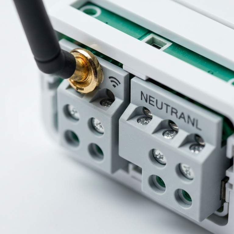 Close-up of a smart switch wiring terminal with a labeled neutral connection, illustrating the electrical wiring components required for installing many modern smart home switches.
