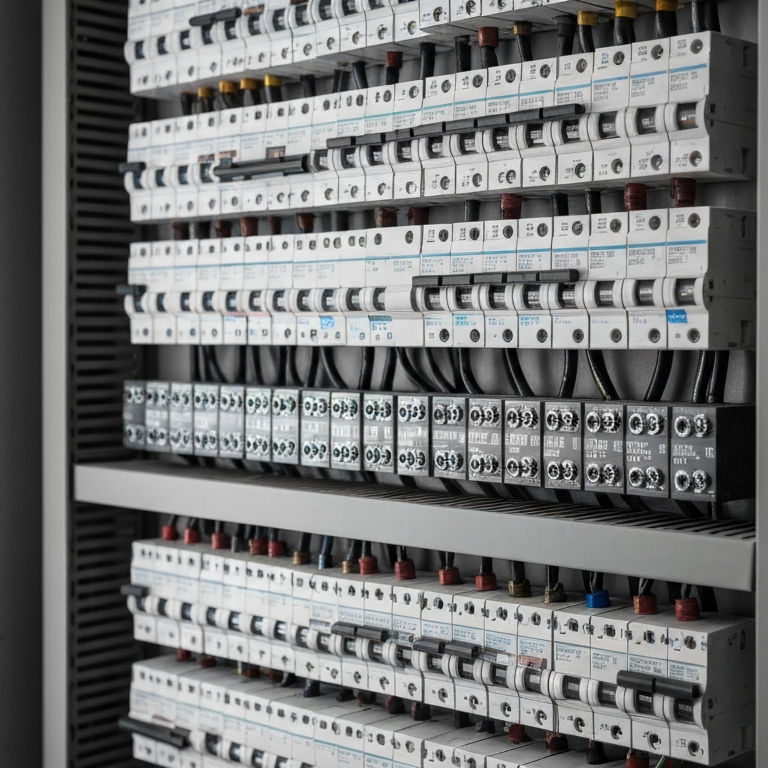 Commercial electrical panel with multiple circuit breakers and wiring connections, representing power distribution infrastructure that may require a subpanel when additional circuits or tenant loads are added.