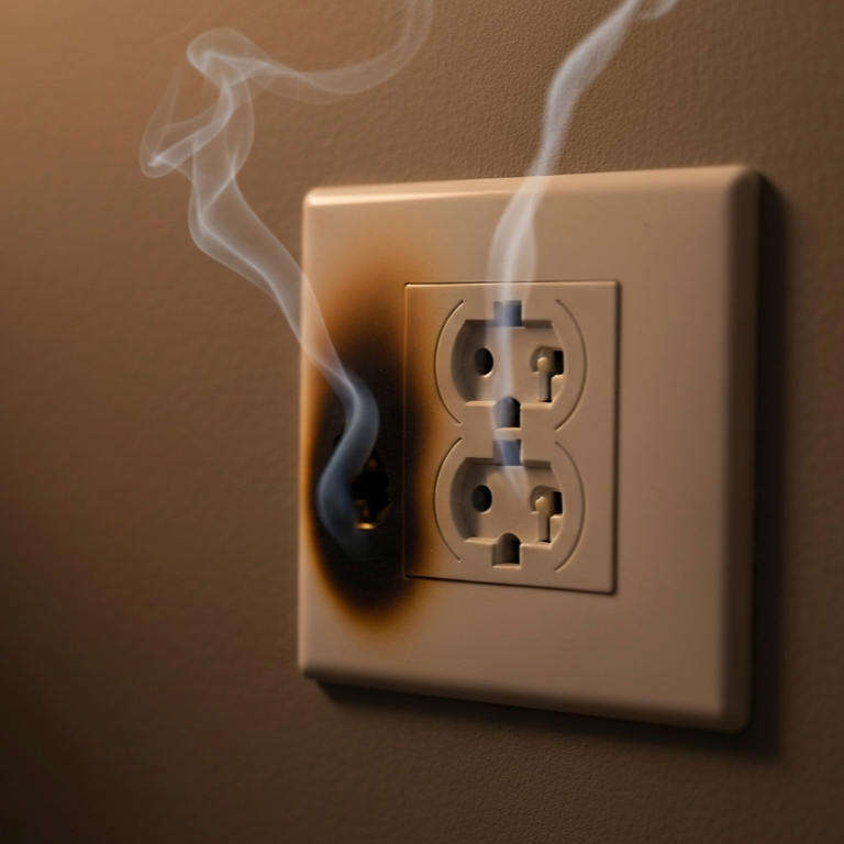 Wall outlet with visible burn damage and smoke rising from the receptacle, indicating overheating electrical components and a serious fire hazard requiring immediate power shutdown and professional repair.