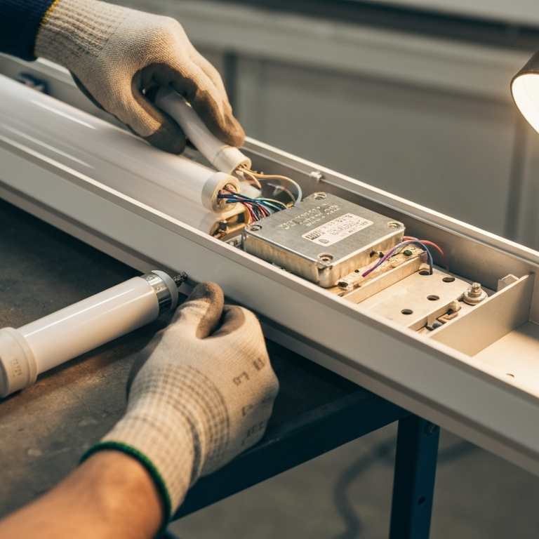 Technician installing an LED retrofit kit inside a commercial light fixture, connecting wiring and driver components to improve energy efficiency and modernize building lighting systems.