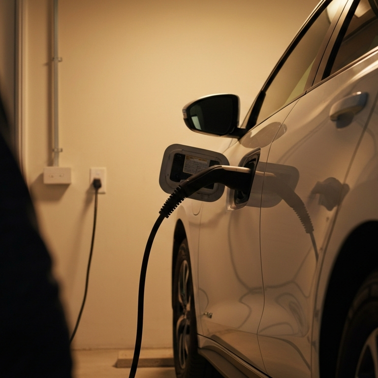 Electric vehicle connected to a home charging station in a garage, demonstrating residential EV charging and the decision between Level 1 and Level 2 charging solutions.