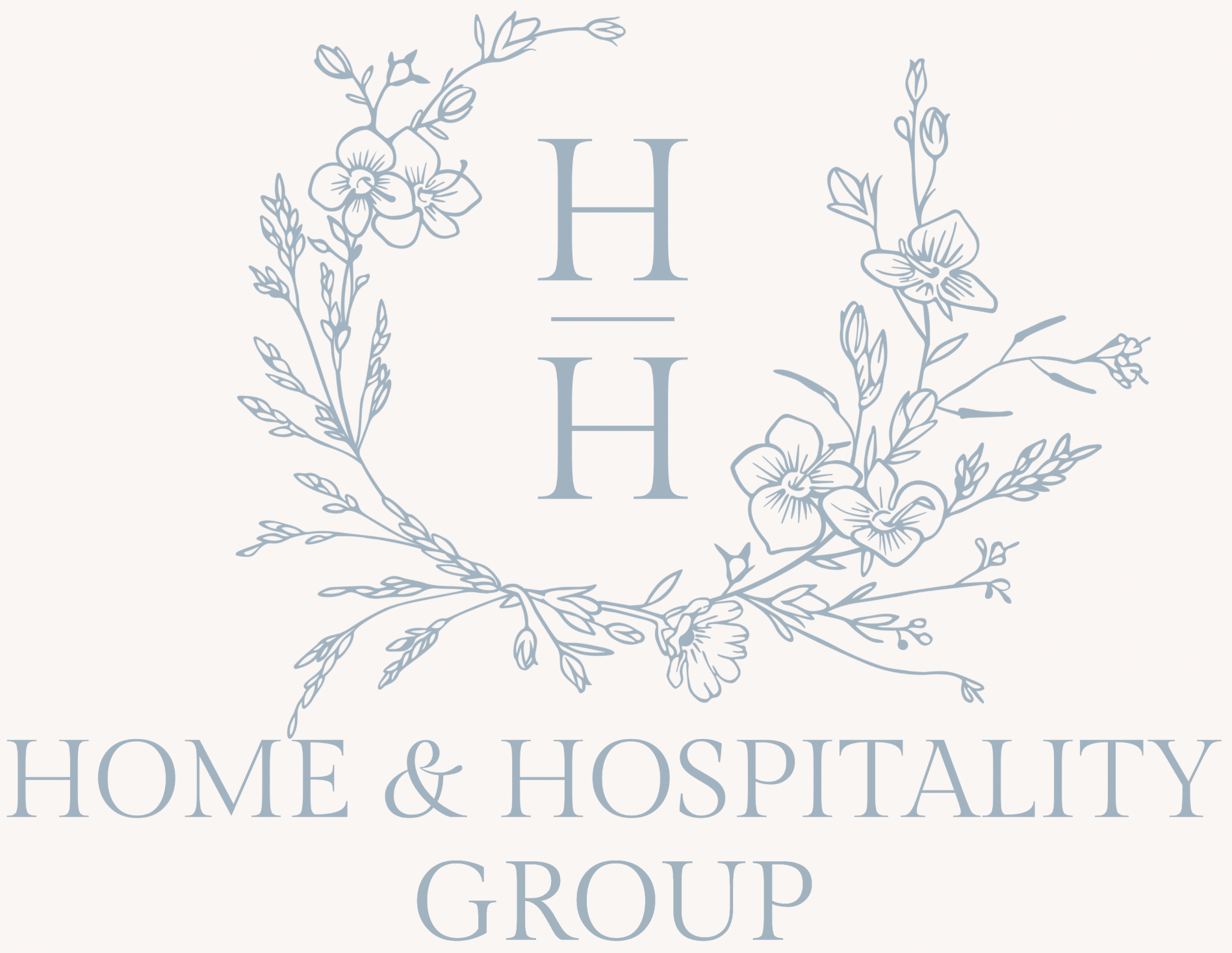 Logo with floral wreath, large letters H H, and text 'Home & Hospitality Group' in light blue on a white background.