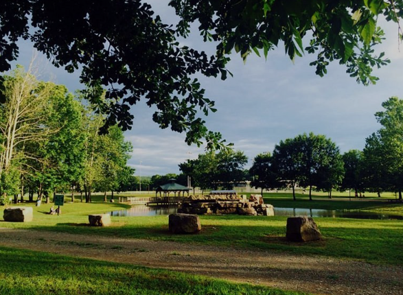 A park with green grass, trees, picnic tables, and a pond with rocks, under a cloudy sky.