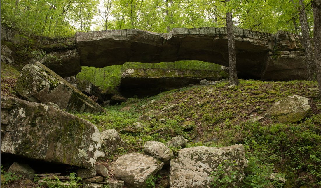 Large rock formation in a forest, with a prominent flat rock acting as a natural bridge over a small hill, surrounded by green foliage.