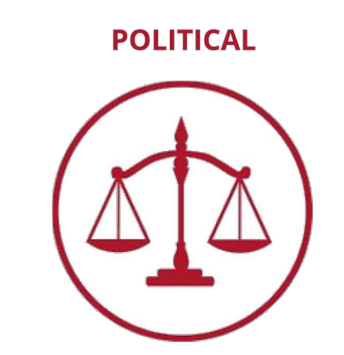 Illustration of a balance scale inside a circle with the word 'POLITICAL' above, in red color.