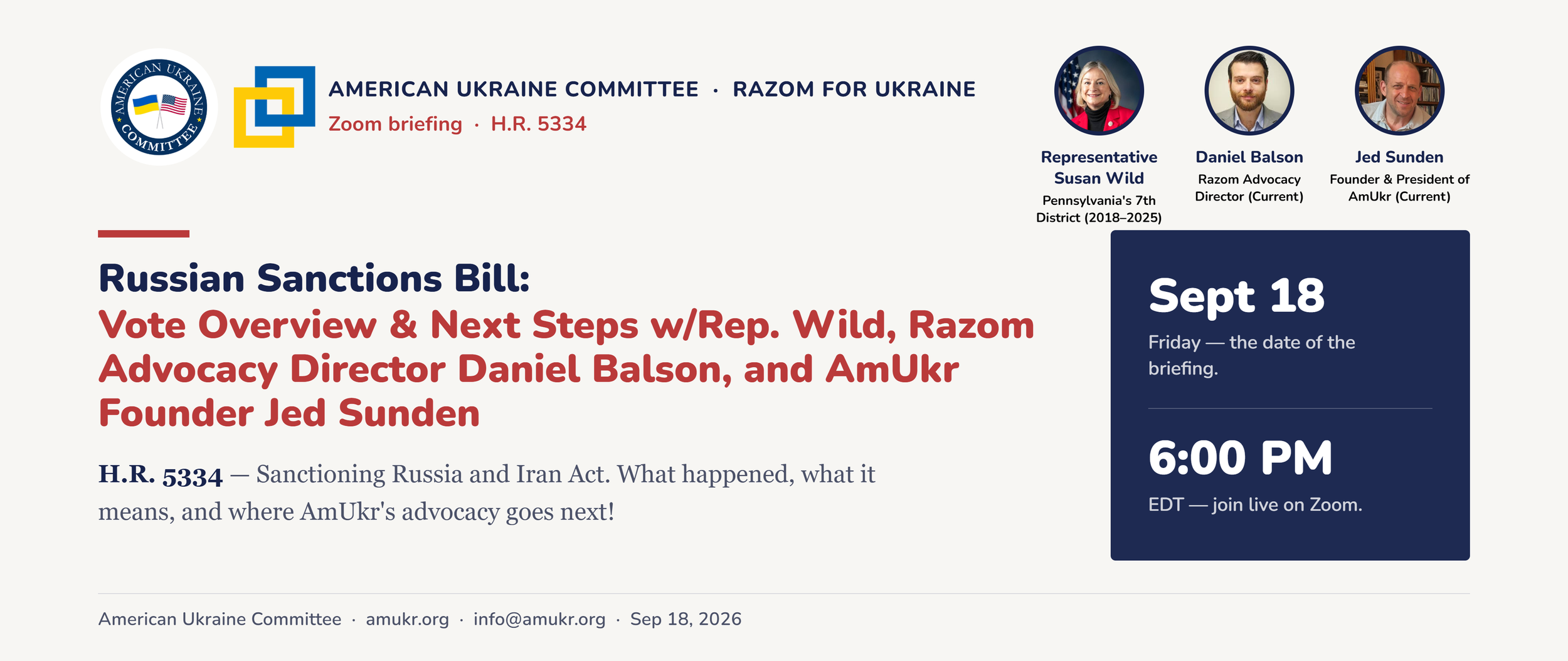 Zoom Invite to Rep. Susan Wild &amp; Razom Briefing on the Russia Sanctions Bill's Passage &amp; Next Steps