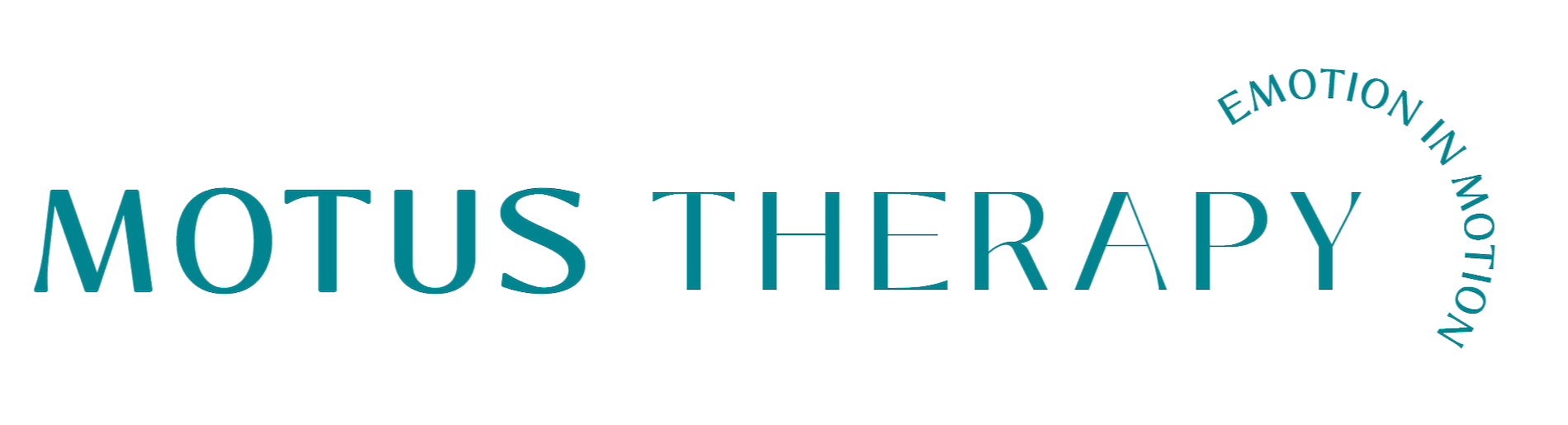 Logo for Motus Therapy featuring the text 'Motus Therapy' with the tagline 'Emotion in Motion' curved around it.