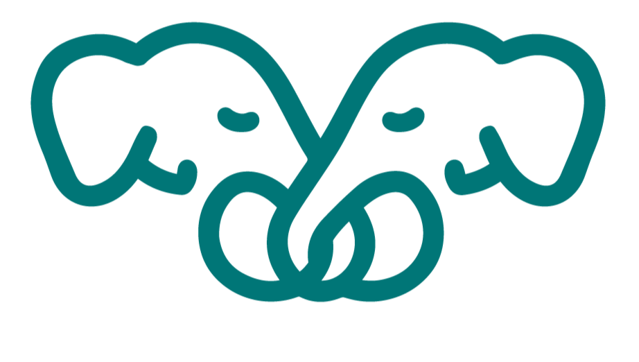 A stylized illustration of an elephant's head with two large ears, a trunk, and simple facial features.