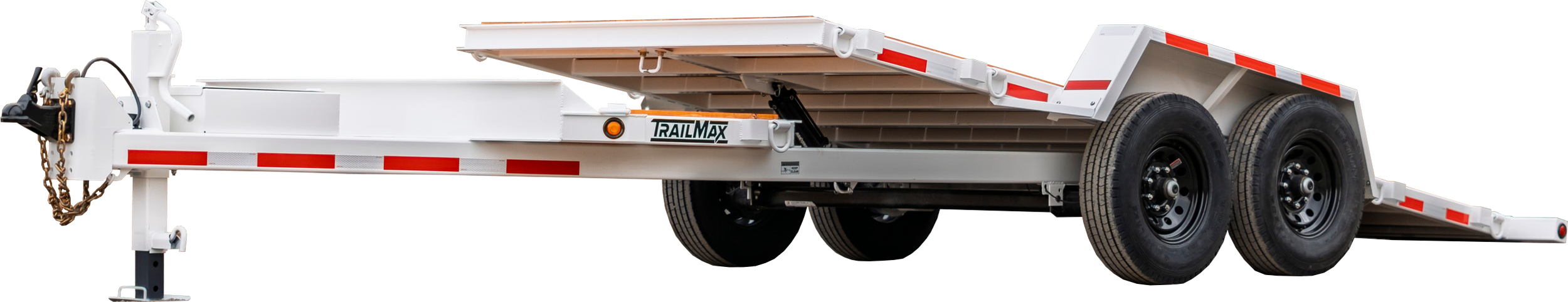 A white flatbed trailer with black tires and red and white reflective tape on the sides and rear, labeled Trailmax, with the bed tilted downward.