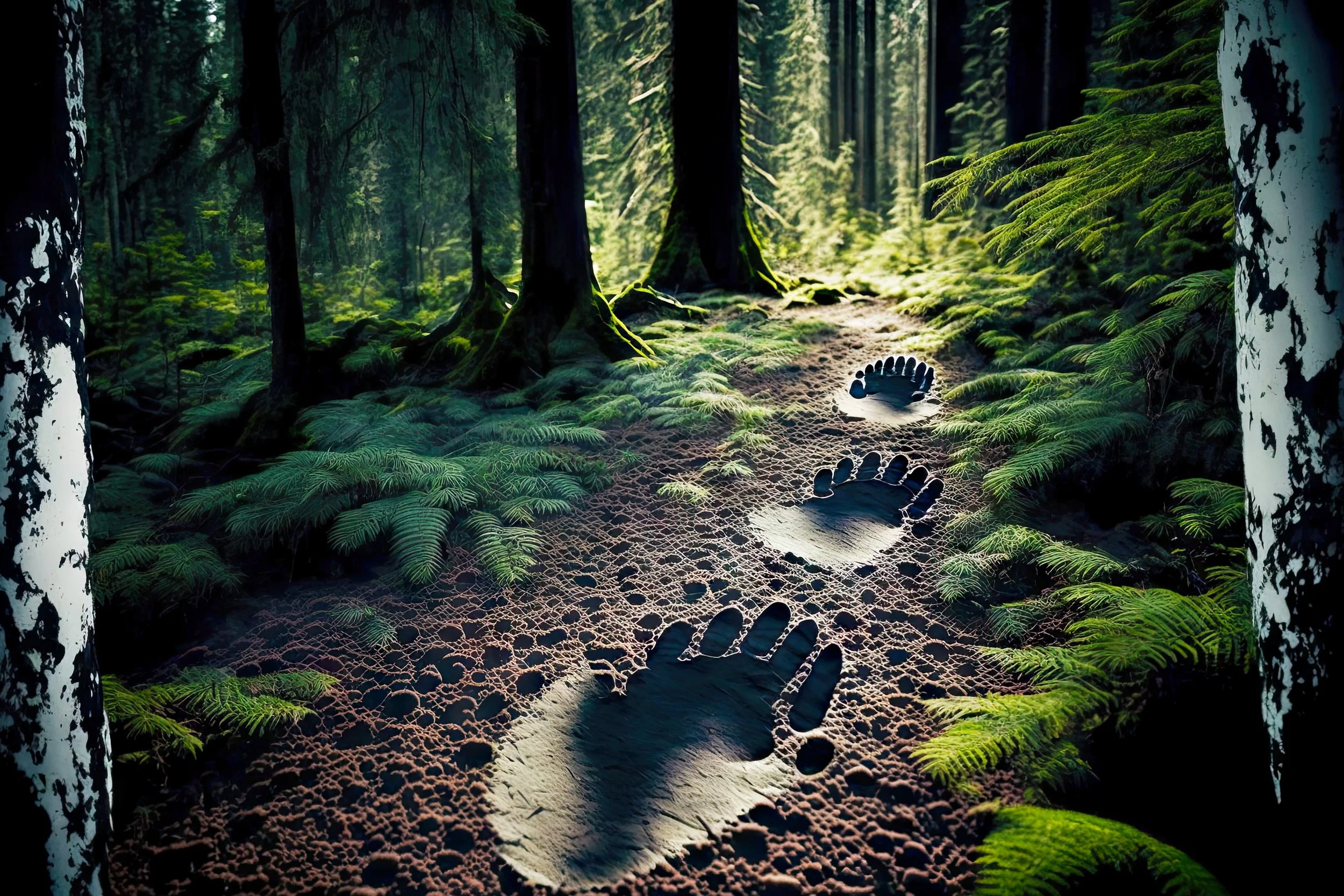 Footprints on a forest trail surrounded by lush green ferns and tall trees