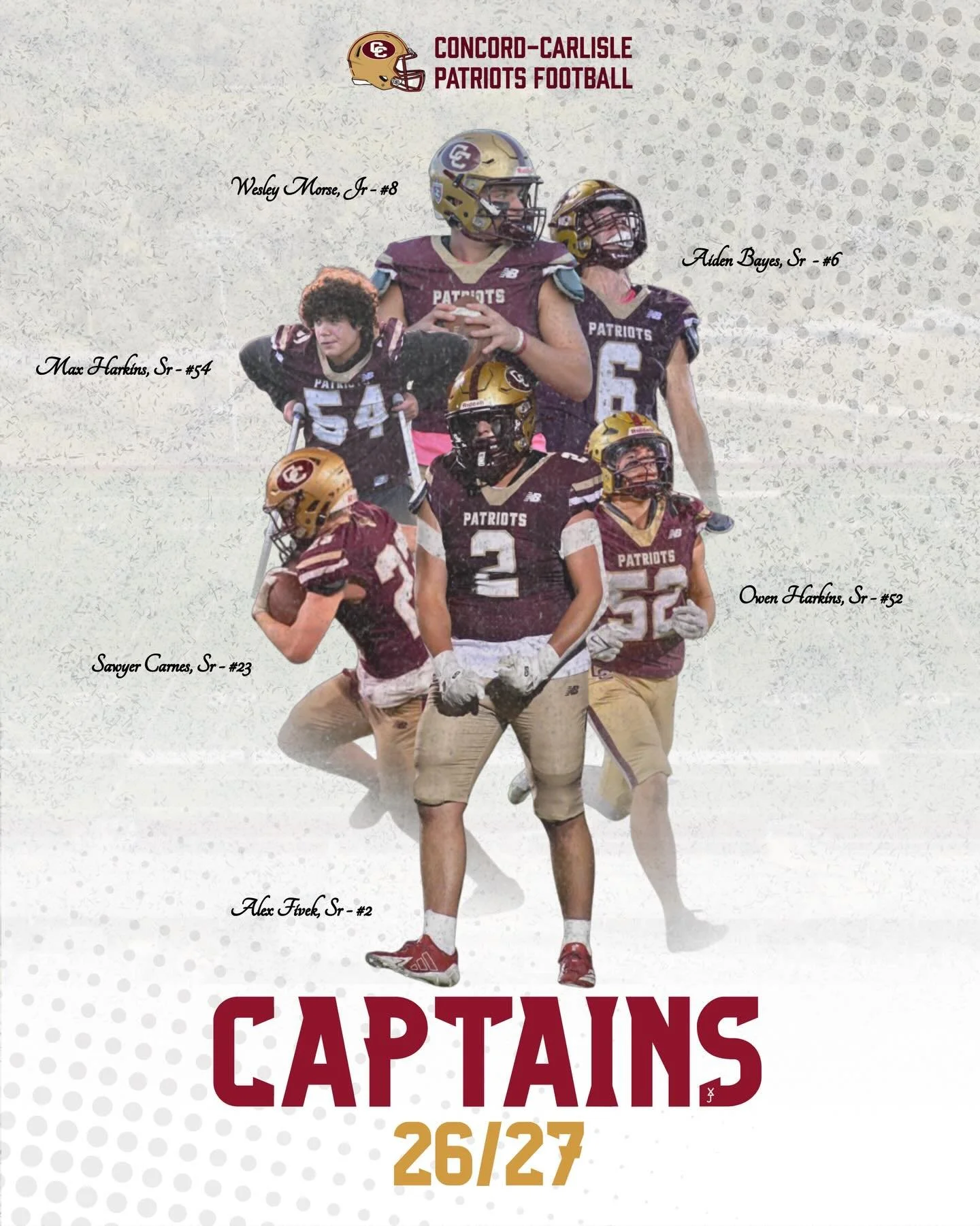 Captains for the 2026-27 fall season: (2) Alex Fivek(TE/DT) (6) Aiden Bayes(RB/LB), (8) Wes Morse(QB/DB), (23) Sawyer Carnes(RB/LB), (52) Owen Harkins(OL/DL), (54) Max Harkins(OL,DL) #herd