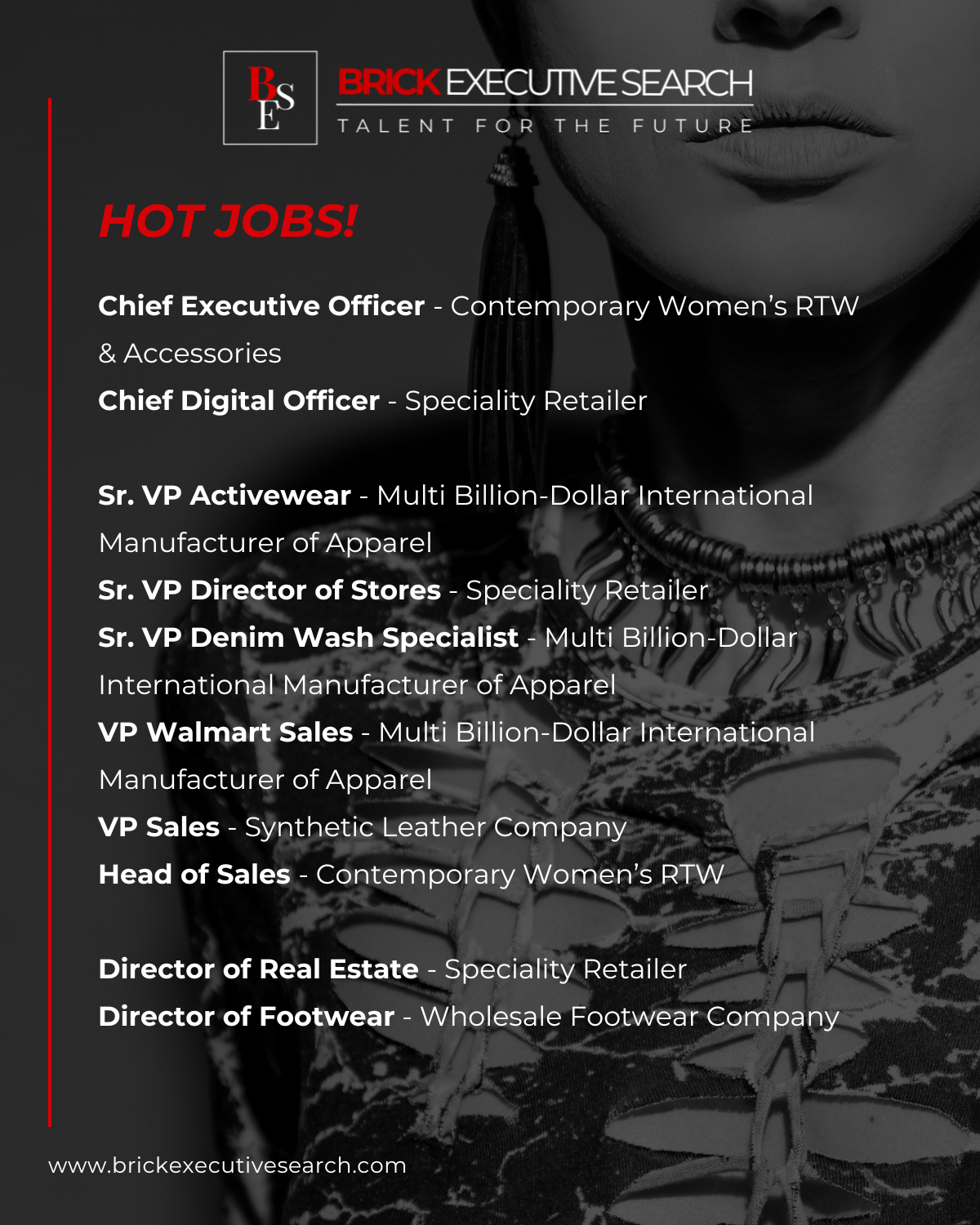 Brick Executive Search - recent 2026 jobs: Chief Executive Officer, Chief Digital Officer, Senior VP Activewear, Senior VP Director of Stores, Senior VP Denim Wash Specialist, VP Walmart Sales, VP Sales, Head of Sales, Director of Real Estate