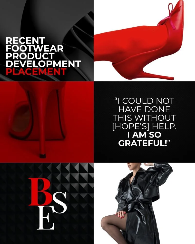 Brick Executive Search celebrating a recent footwear product development executive placement, featuring red high heel stiletto shoes and a candidate testimonial praising founder Hope Brick.