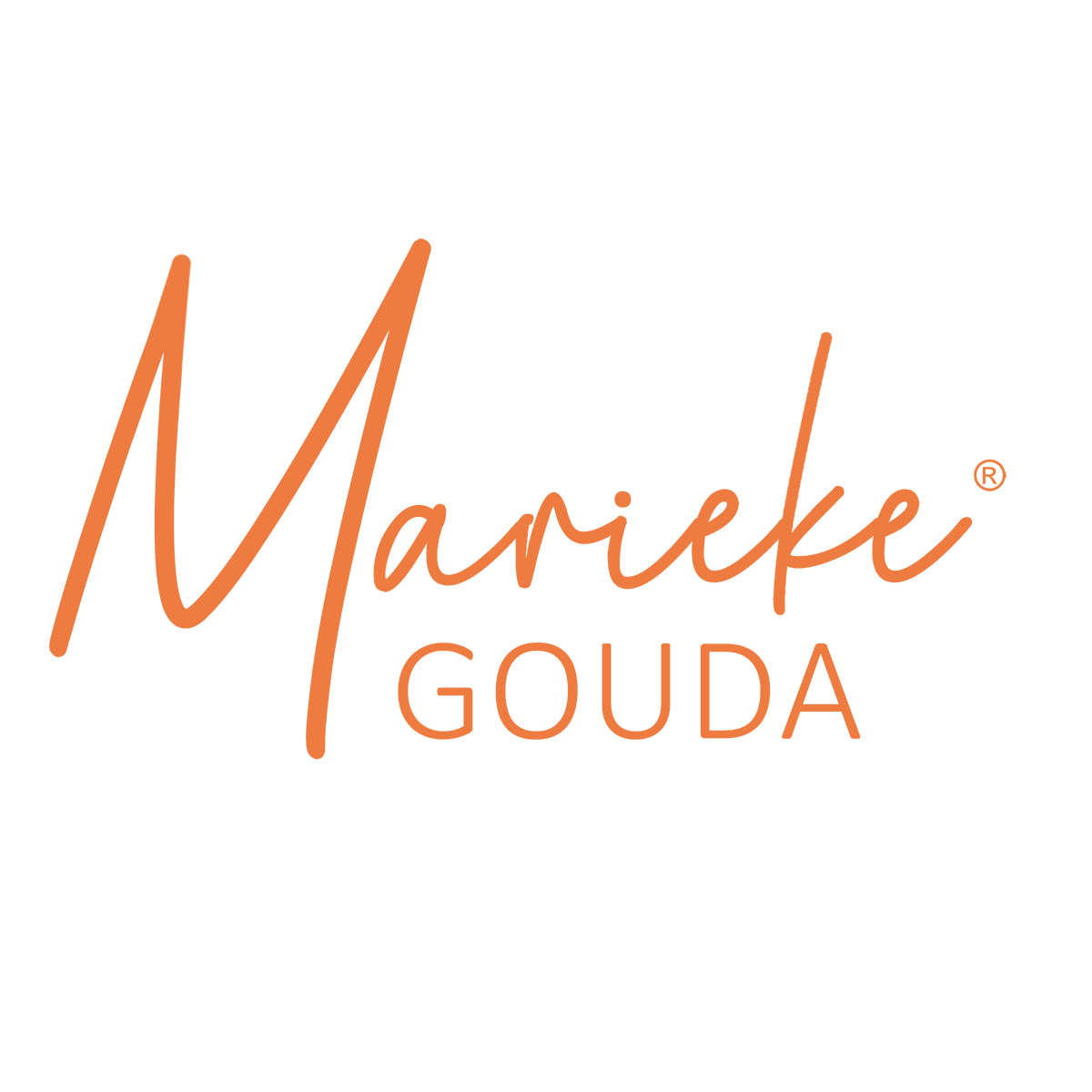 Marieke Gouda logo with cursive and uppercase text in orange on black background