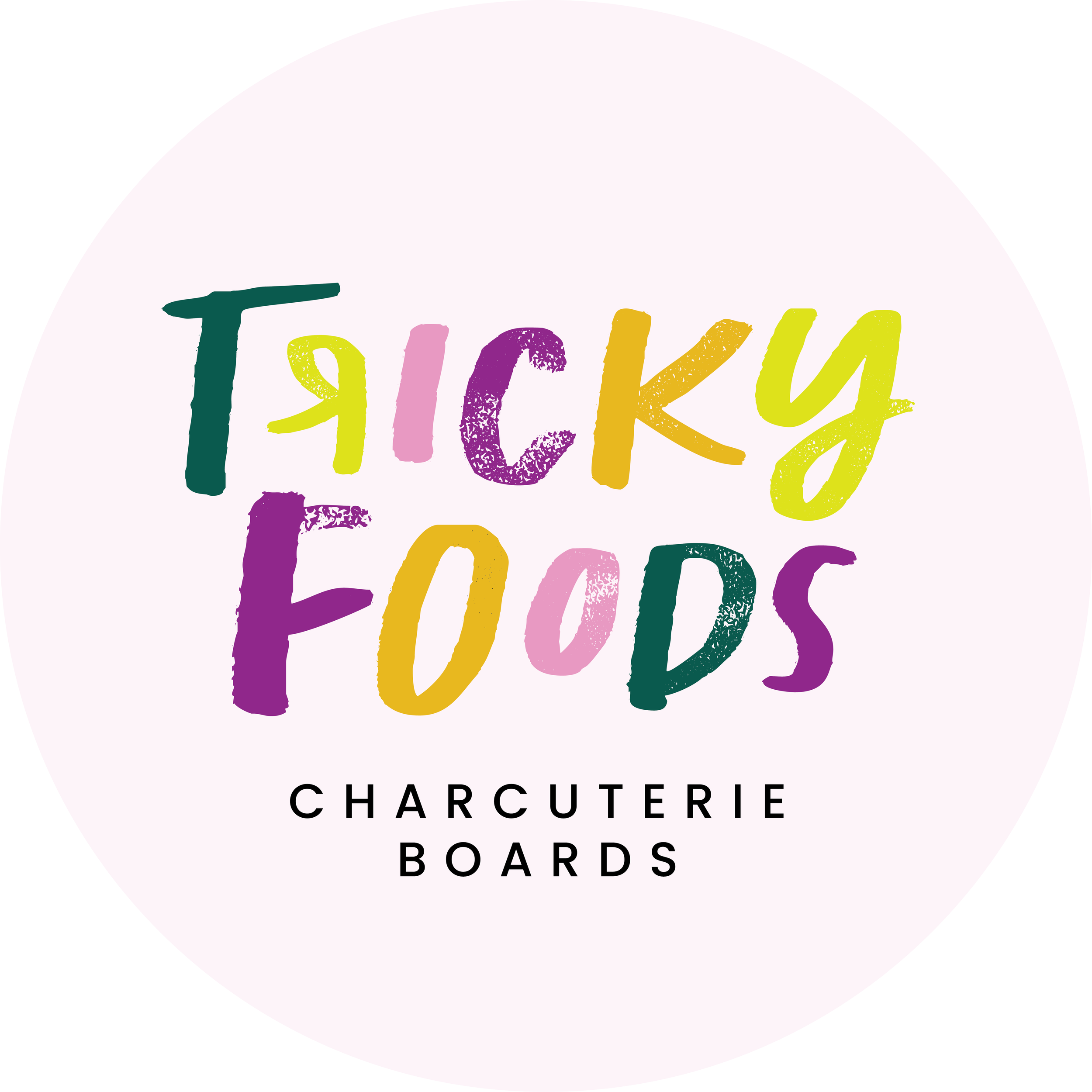 Colorful logo for Tickty Foods, a charcuterie boards business, with the text "Tickty Foods" in multicolored, stylized font and "Charcuterie Boards" in black capital letters below.
