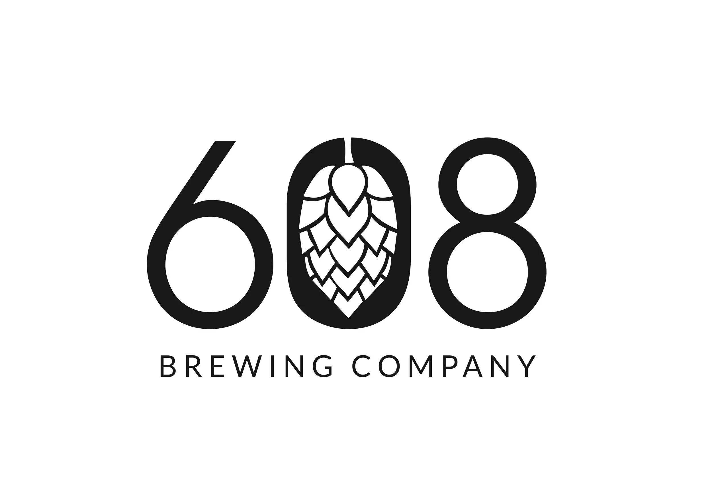 Logo of 608 Brewing Company with stylized hop cone integrated into the number 0.