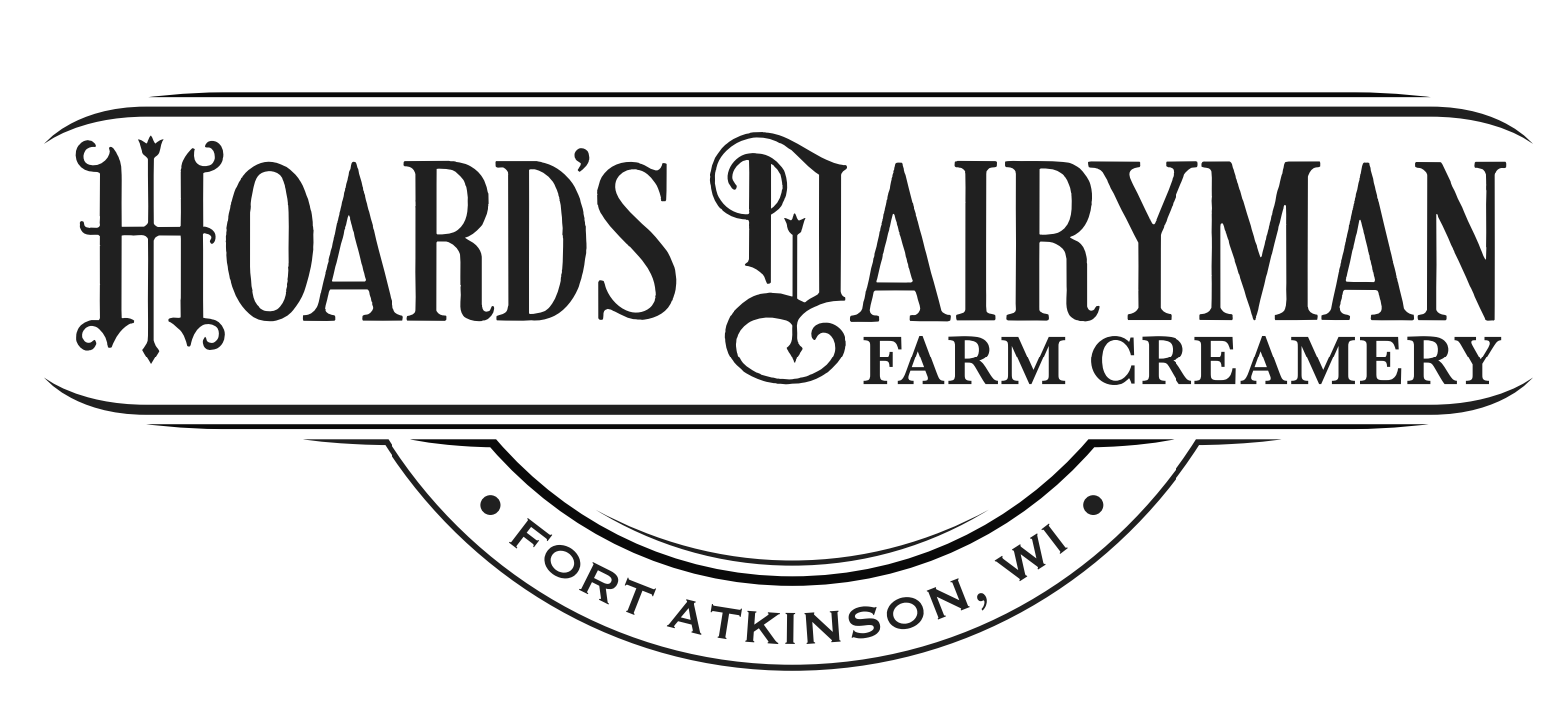 Logo for Hoard's Dairyman Farm Creamery in Fort Atkinson, Wisconsin, featuring stylized text and decorative elements.