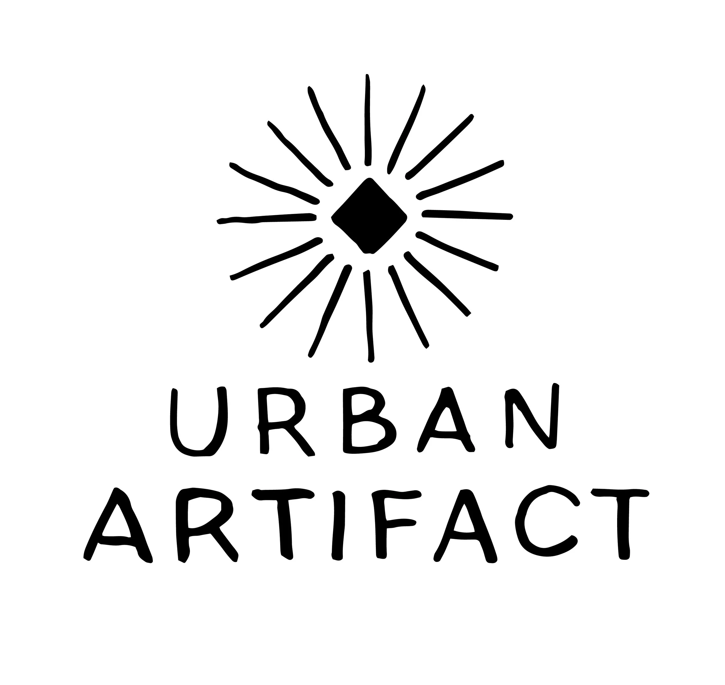 Logo with a stylized burst of lines radiating from a diamond shape, followed by the text 'Urban Artifact' in hand-drawn style.