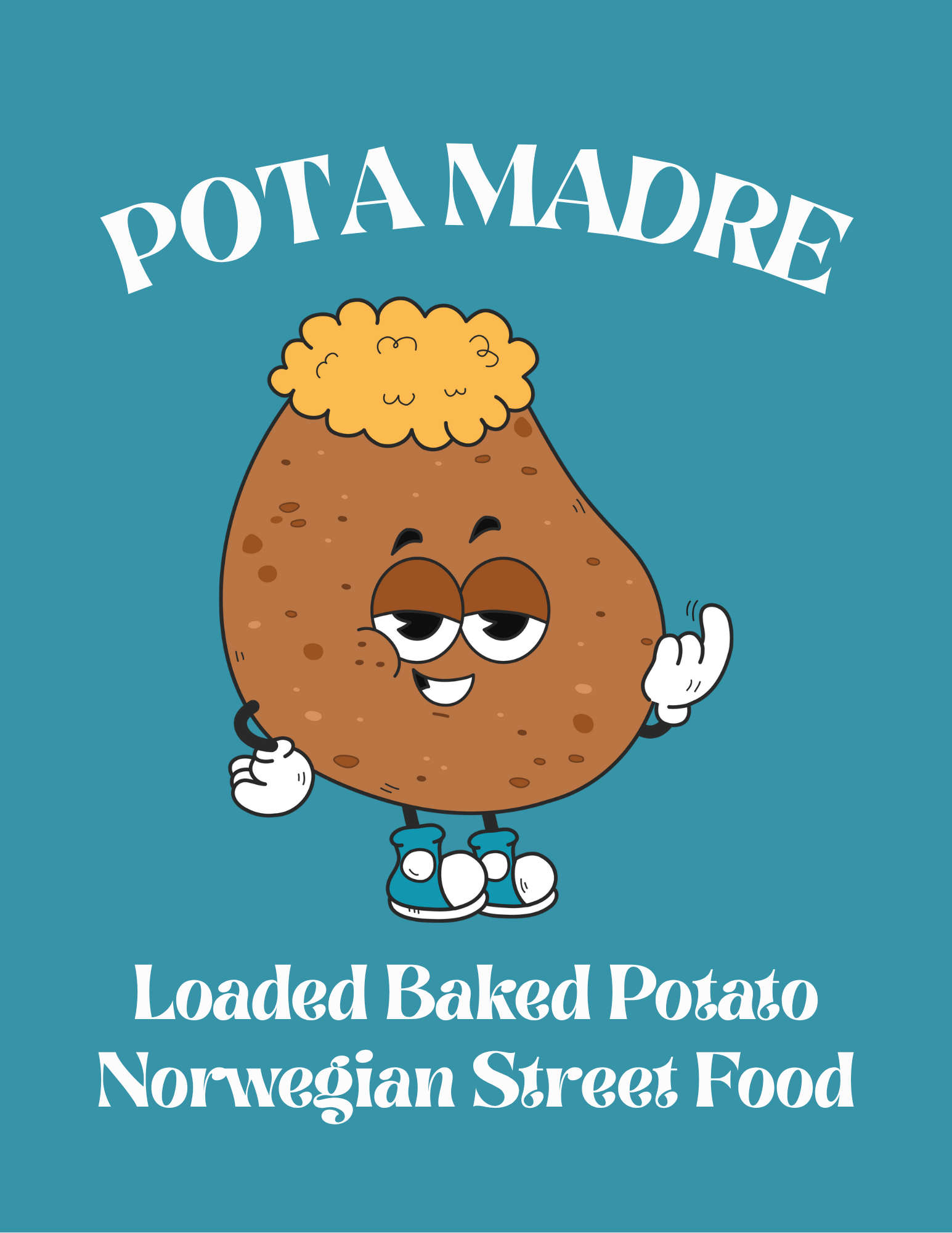 Cartoon of a baked potato with a friendly face, arms, and sneakers, topped with loaded toppings, along with text promoting loaded baked potato Norwegian street food.