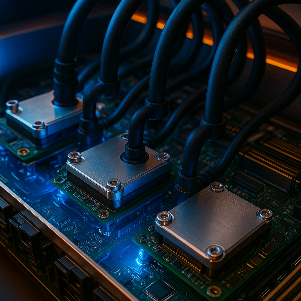 Close-up of a computer motherboard with multiple black cables connected to heatsinks, illuminated by LED lights.