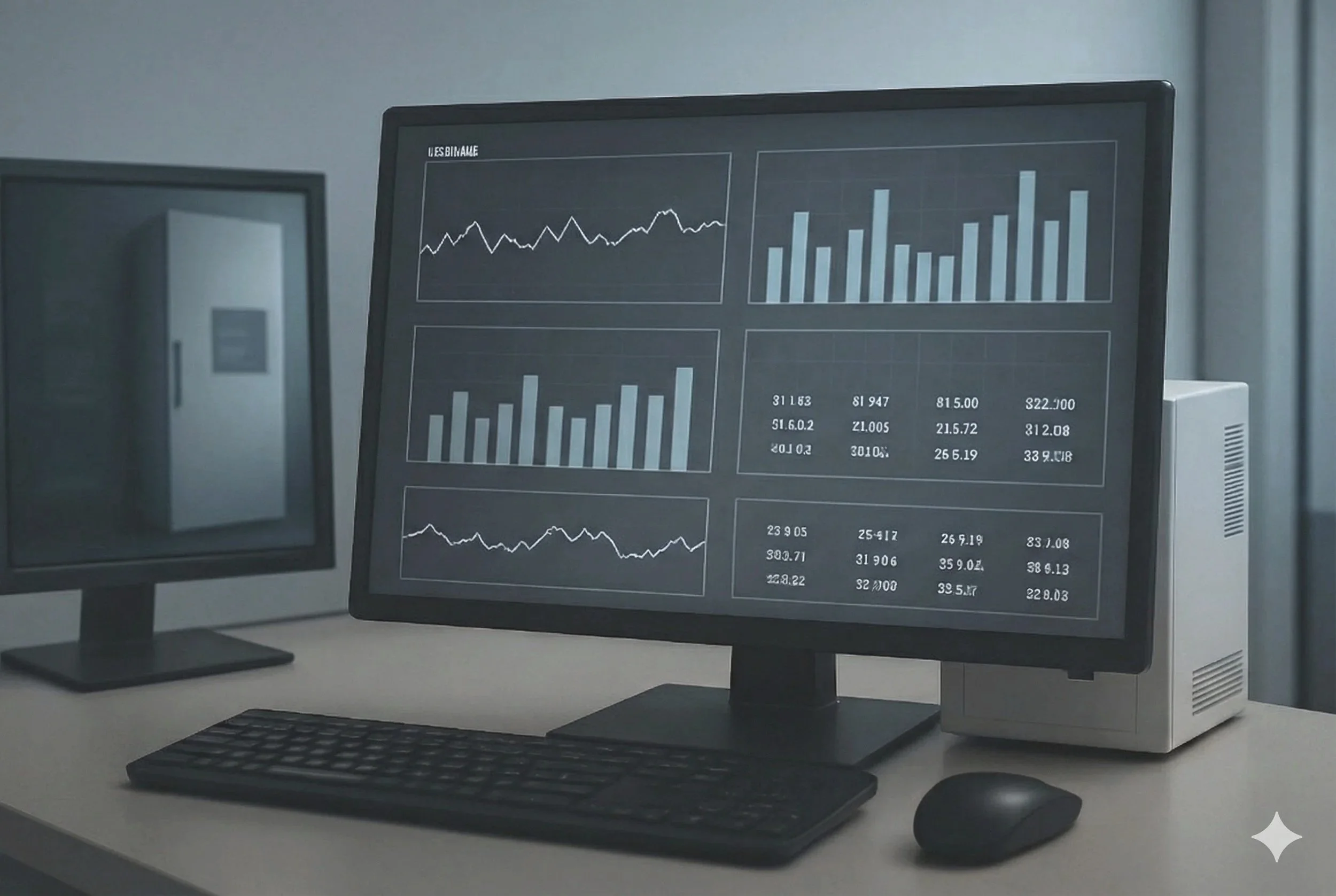 Computer monitor displaying graphs and data in an office setting, with another monitor and keyboard in the foreground.
