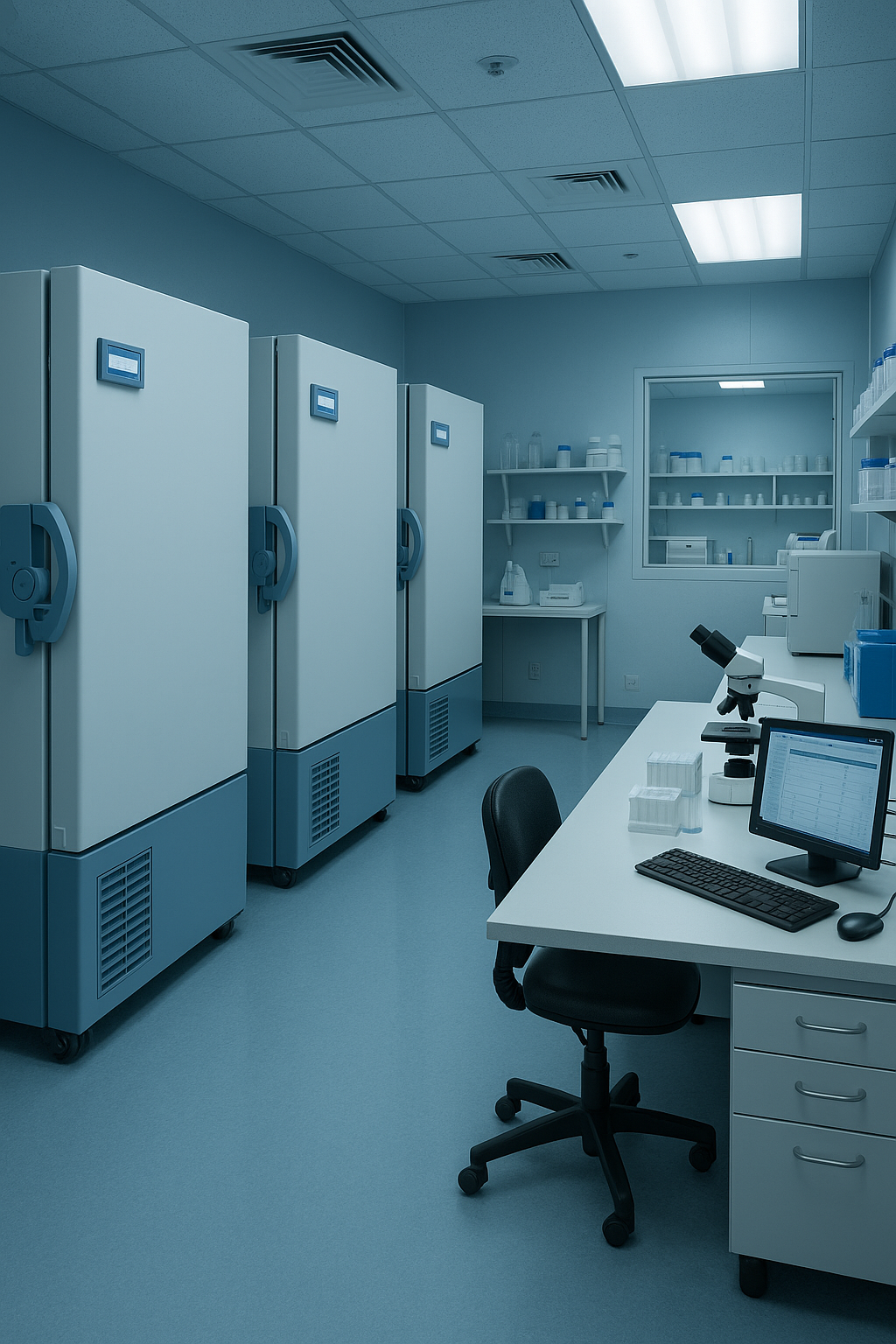 Sterile laboratory with large refrigerators, a microscope, a computer, and shelves with bottles and lab supplies.
