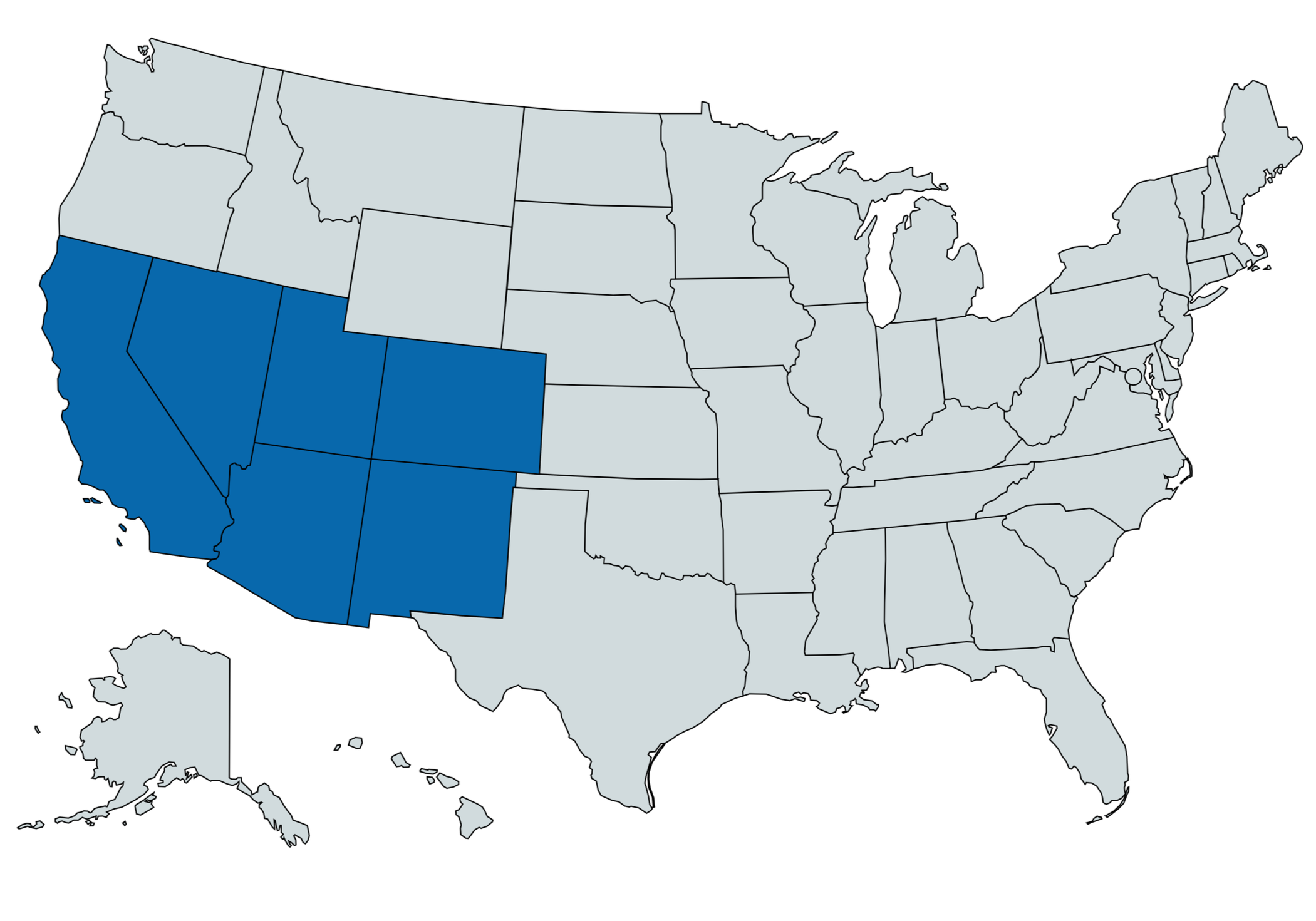 Map of the United States with California, Nevada, Oregon, Arizona, and New Mexico shaded in dark blue.