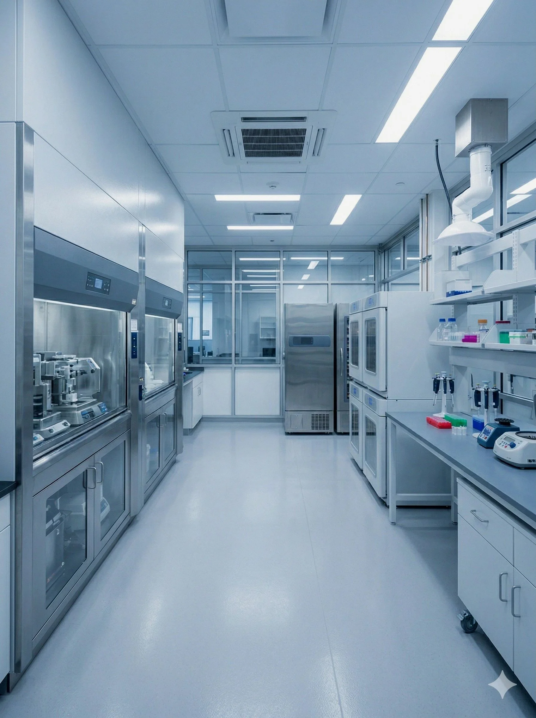 A sterile laboratory with stainless steel equipment and white cabinets, fluorescent lighting, and a clean, glossy floor. ULT freezers, incubators, centrifuges, refrigerators, and chambers.