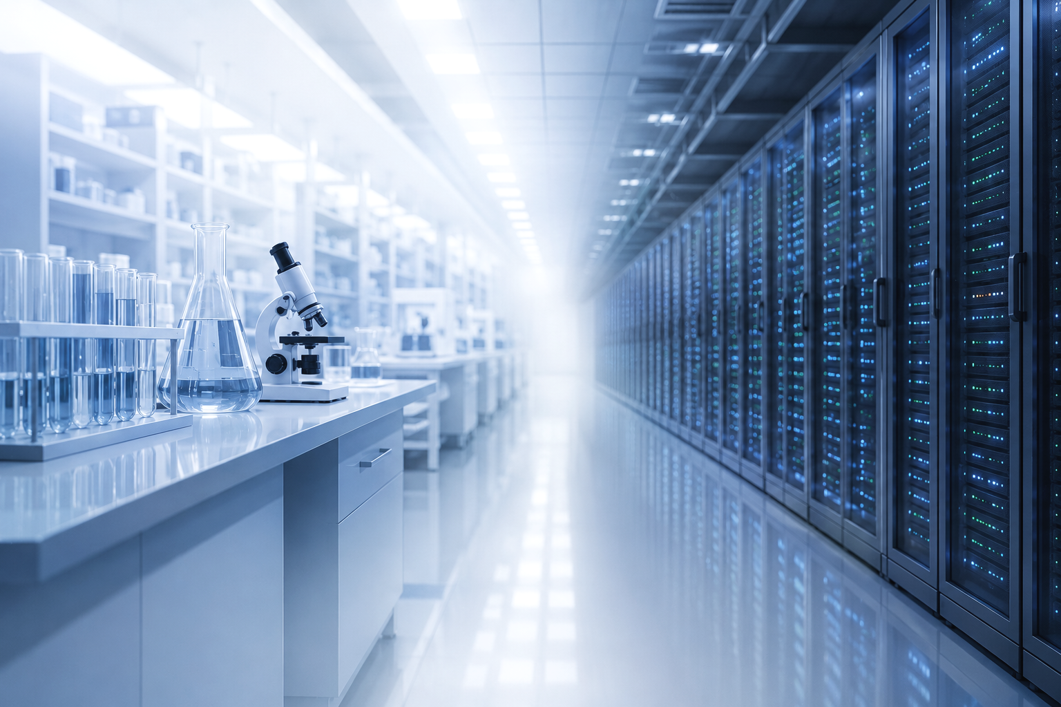 A modern laboratory with a microscope, test tubes, and beakers on a white table, and a row of server racks with blinking lights in a bright, clean environment. ULT freezers, incubators, centrifuges, refrigerators, and chambers.