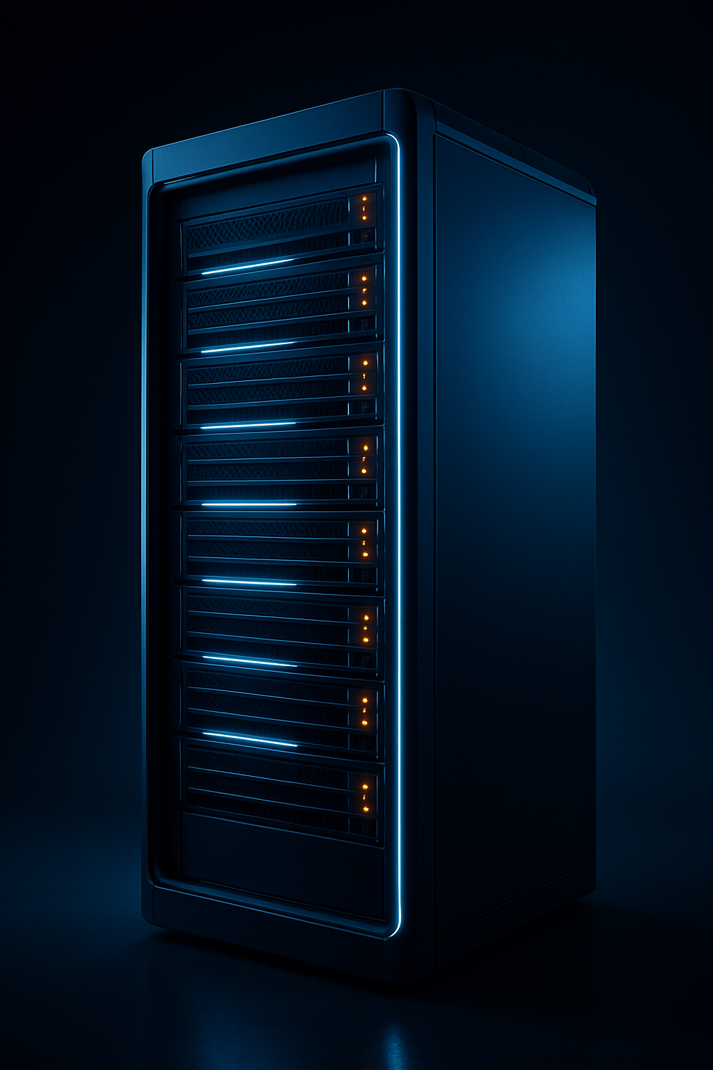 A sleek, modern blue data server tower with LED lights and glowing accents in a dark setting.