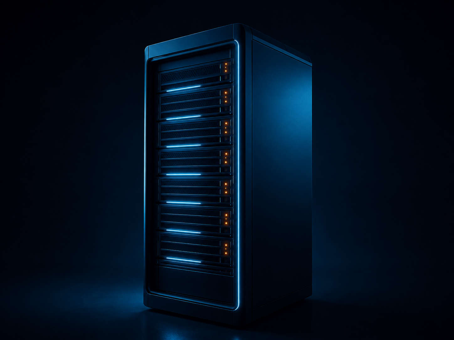 A modern black server rack with glowing blue and orange lights set against a dark background.