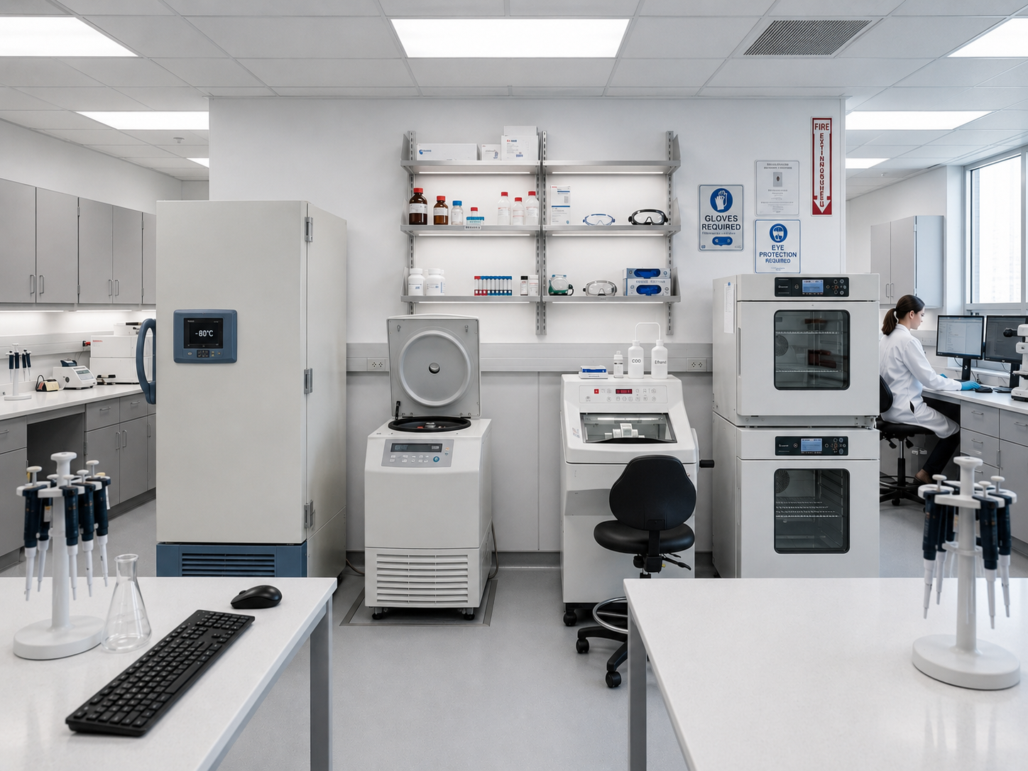 Laboratory with scientific equipment, ultra-low freezer, centrifuge, incubator, and a researcher working at a computer.