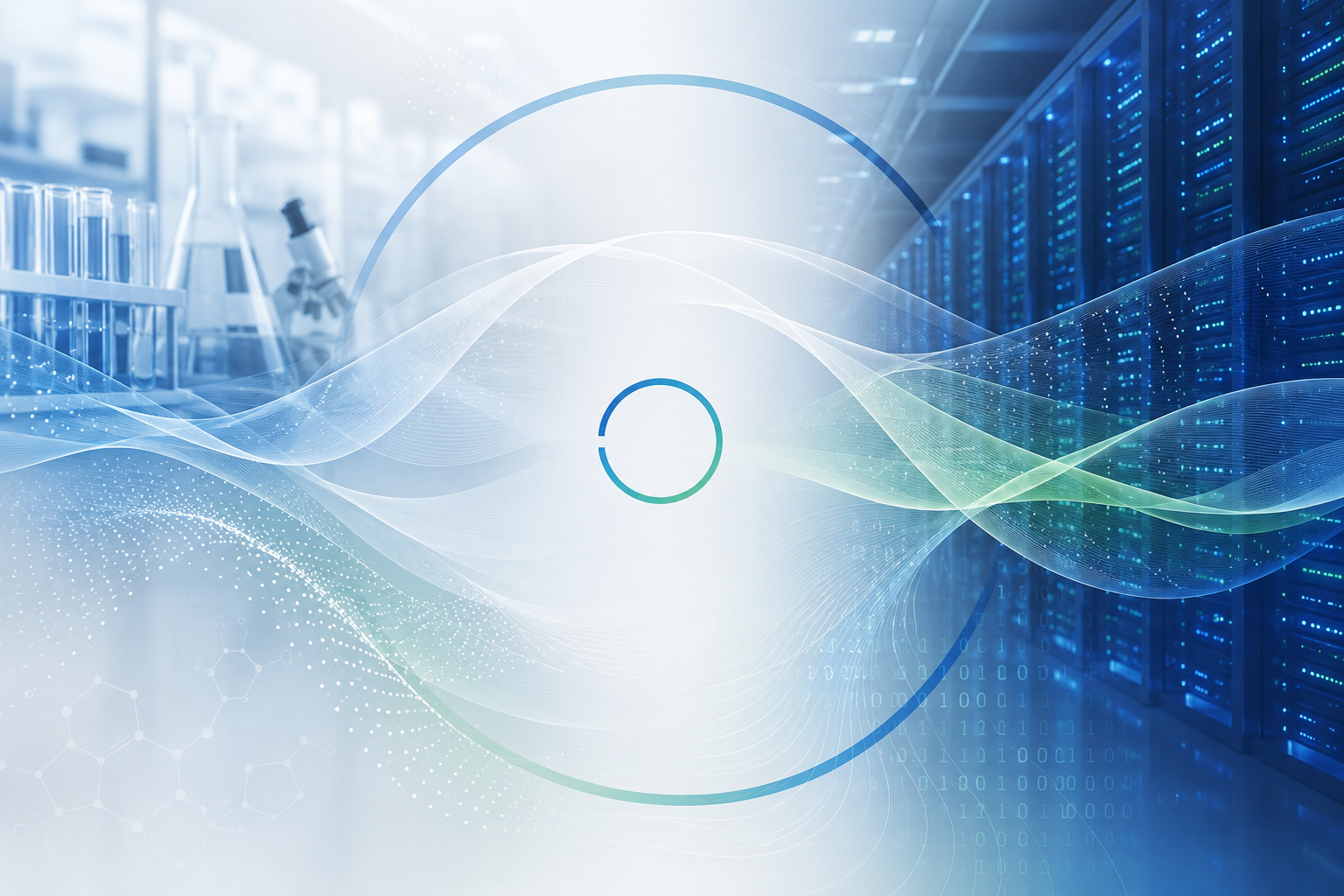 A computer server room with a scientist using a microscope in the background, overlaid with digital wave graphics and binary code.