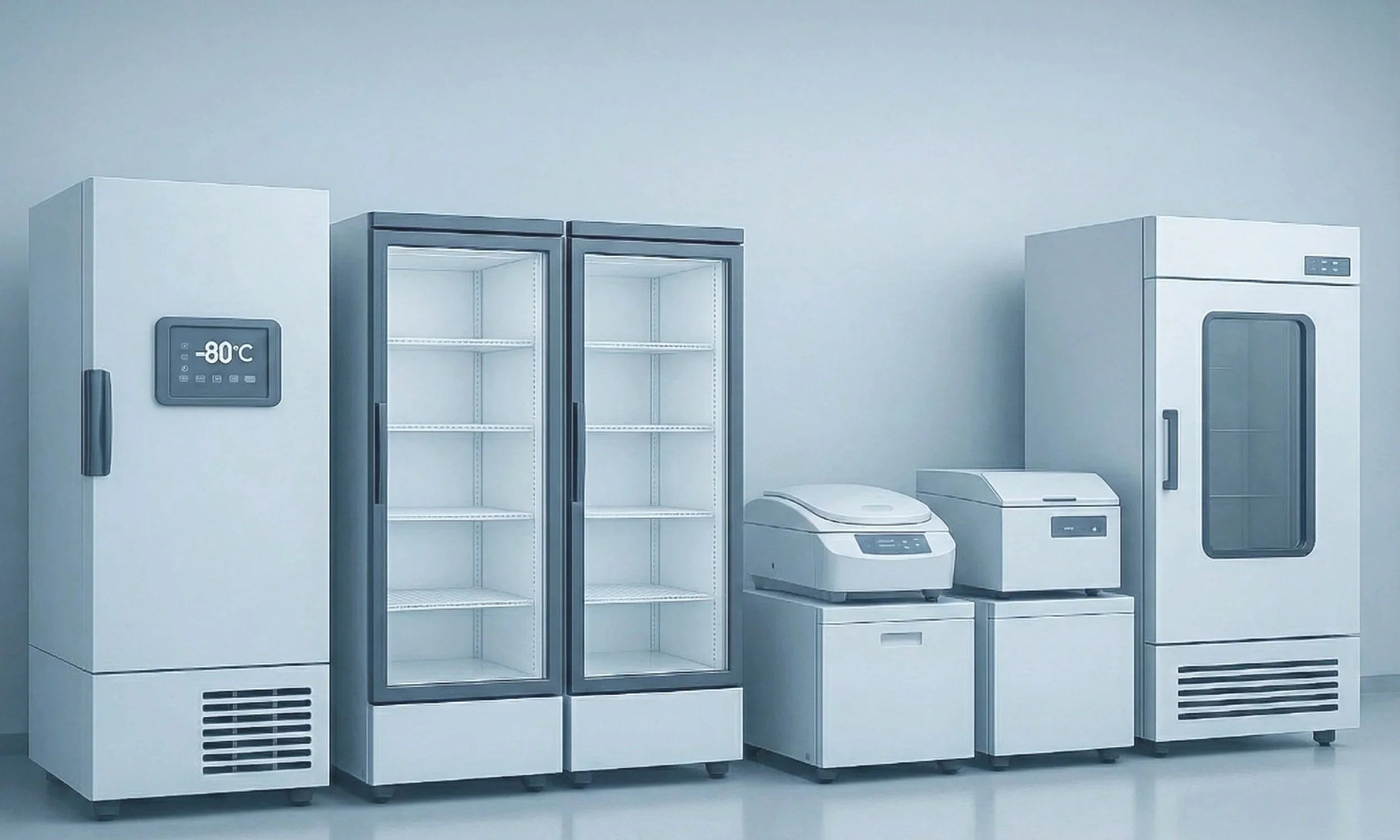 A row of commercial refrigeration and freezer units, including a temperature display showing -80°C, in a laboratory or medical storage room. ULT freezers, incubators, centrifuges, refrigerators, and chambers.