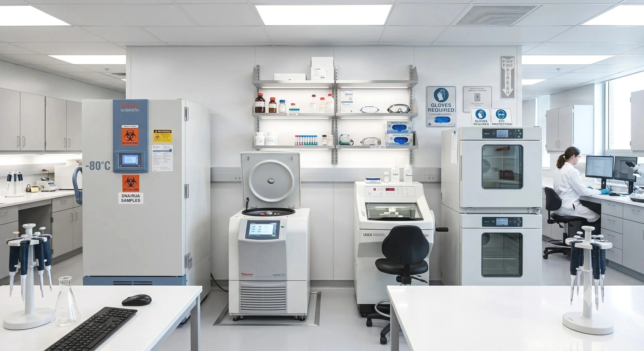 A clean laboratory with scientific equipment, a scientist working at a computer, shelves with chemicals, and safety signs. ULT freezers, incubators, centrifuges, refrigerators, and chambers.