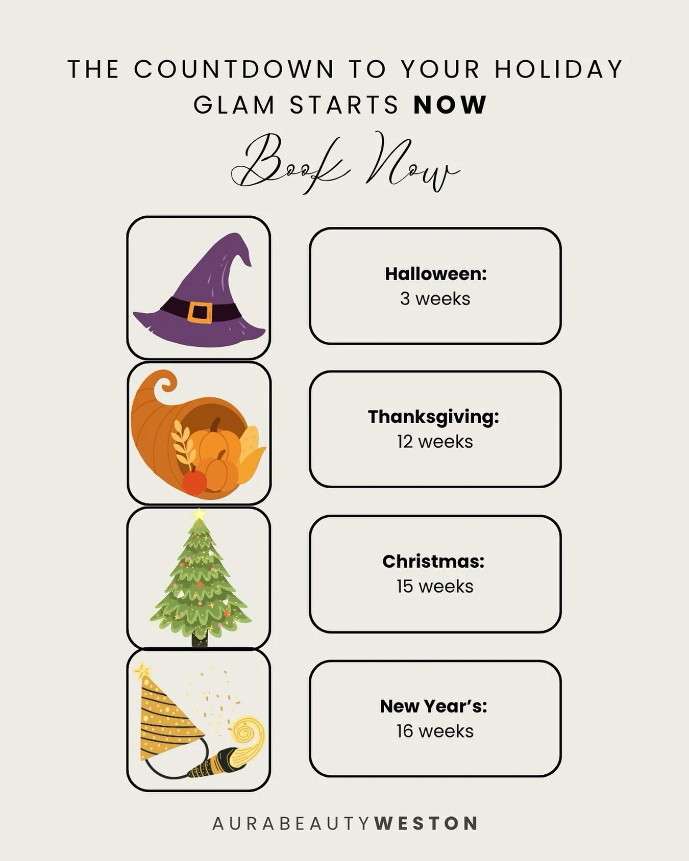 The holiday countdown is officially on. ⏰

Halloween, Thanksgiving, Christmas, New Year&rsquo;s&hellip; they&rsquo;ll be here before you know it, and so will the photo ops, parties, and glam moments. 💅

Now&rsquo;s the time to start booking your hol