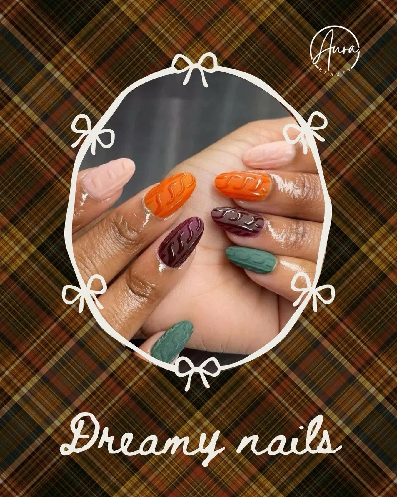 Cozy colors. Sweater-soft texture. Total autumn dream energy. 🍂

This set is for the girl who lives for warm drinks, cute layers, and nails that feel like a whole vibe. 💛

Book your fall nails at Aura Beauty, your perfect seasonal set is waiting.
