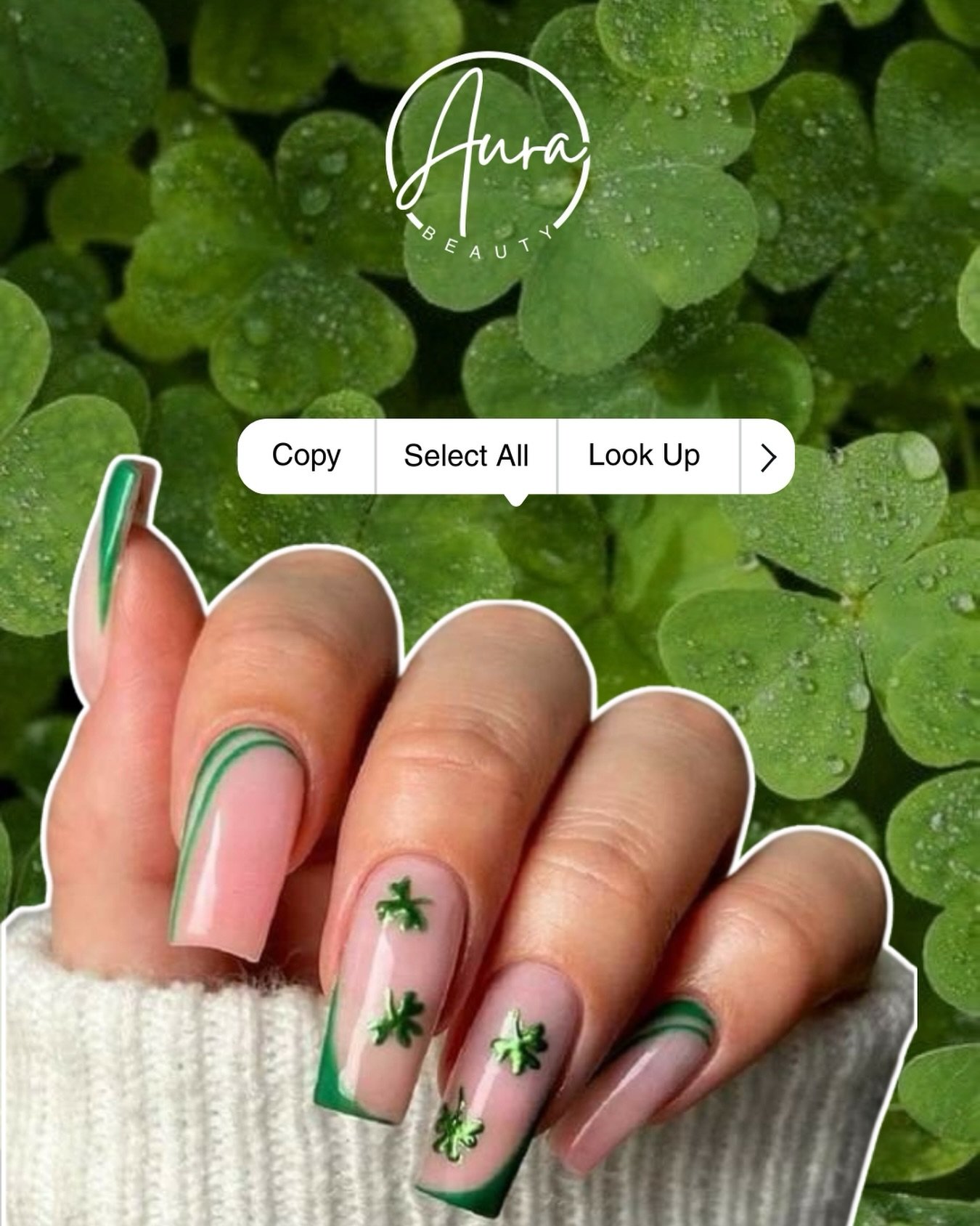 A little green, a little luck, and a lot of cute 💅

Fresh, playful nails that bring all the charm.

📍Book your next set at Aura Beauty Weston.