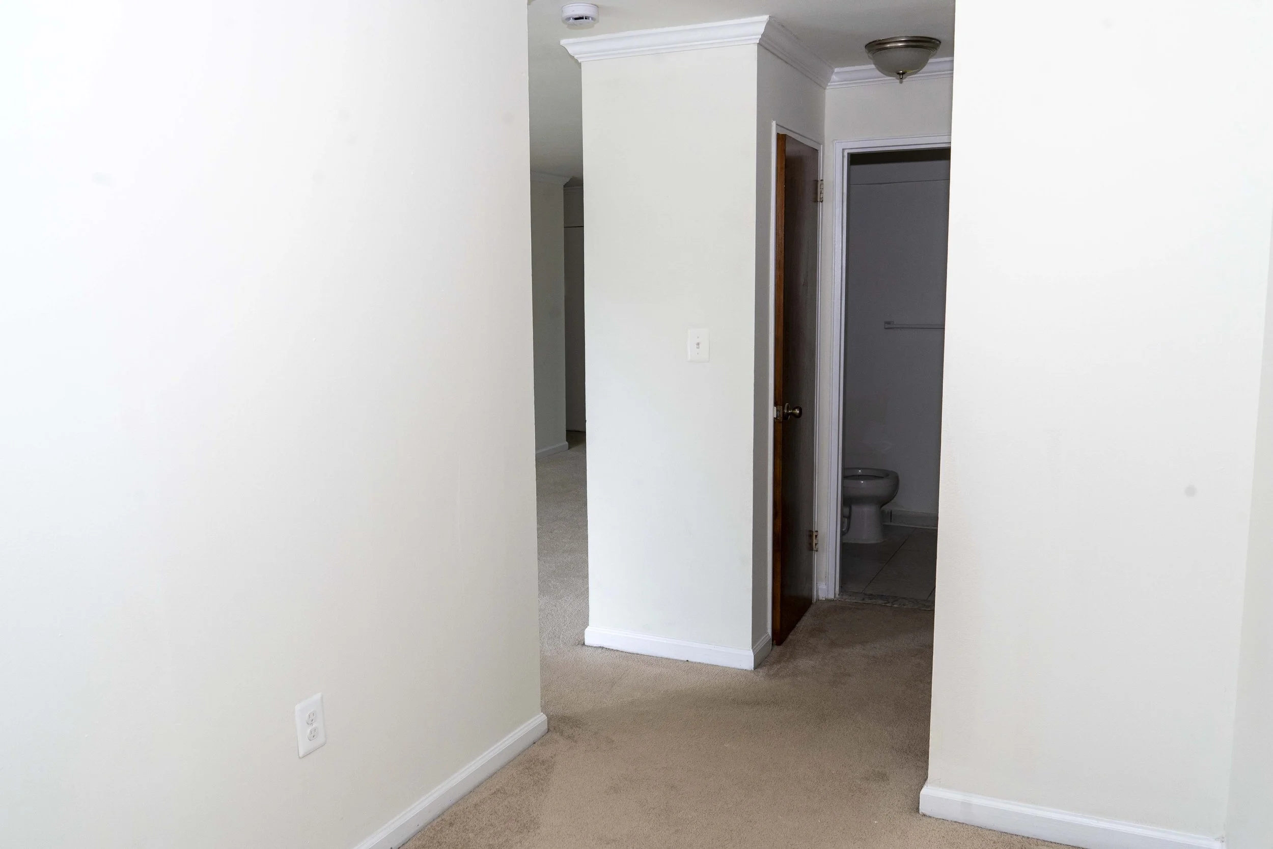 Empty beige-carpeted room leading to a bathroom with a toilet, and a doorway leading to another room with light-colored walls and a dark brown door.