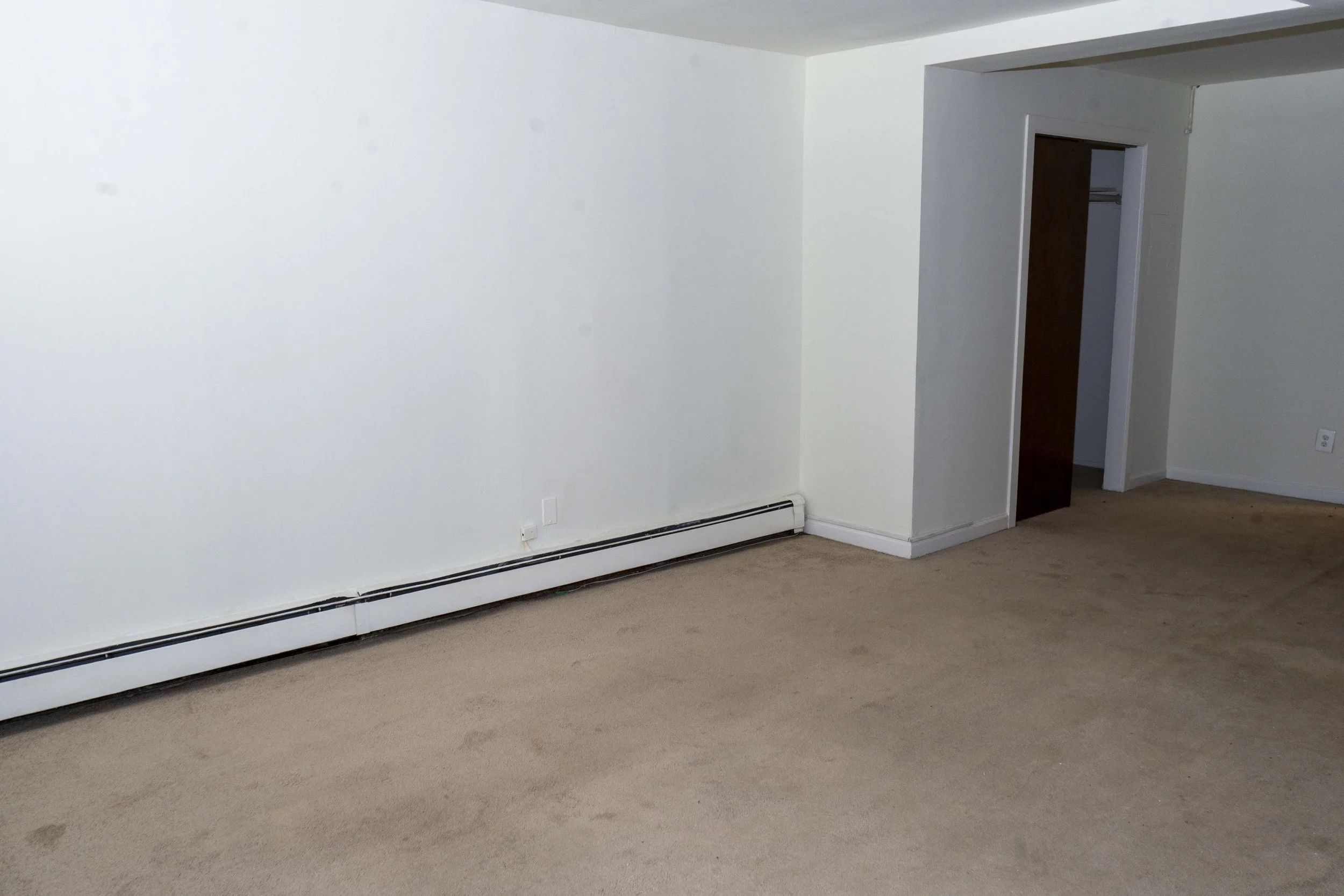 Empty room with beige carpet, white walls, baseboard heating along the bottom of the walls, and an open doorway to a darker room.