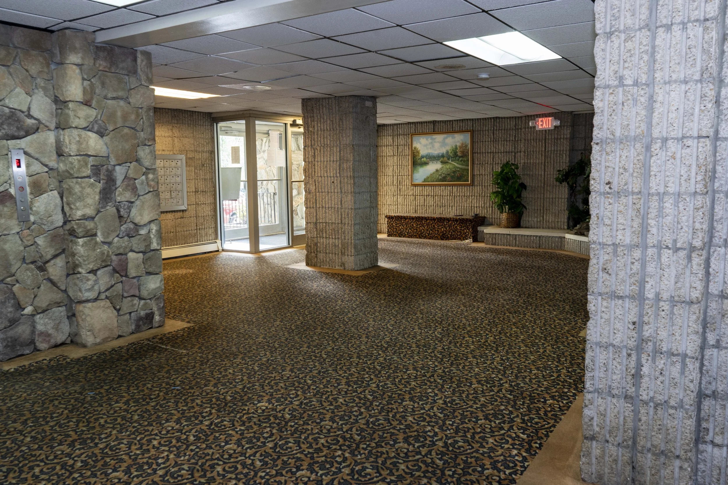 Hotel or apartment lobby with stone and brick walls, carpeted floor, glass entrance doors, a painting on the wall, and potted plants.