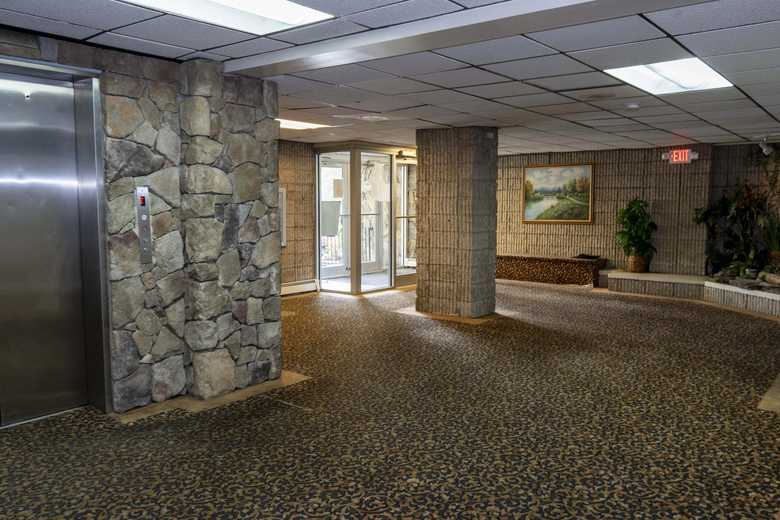 Lobby area with patterned carpet, stone and brick walls, glass entrance door, plants, artwork, and an elevator.