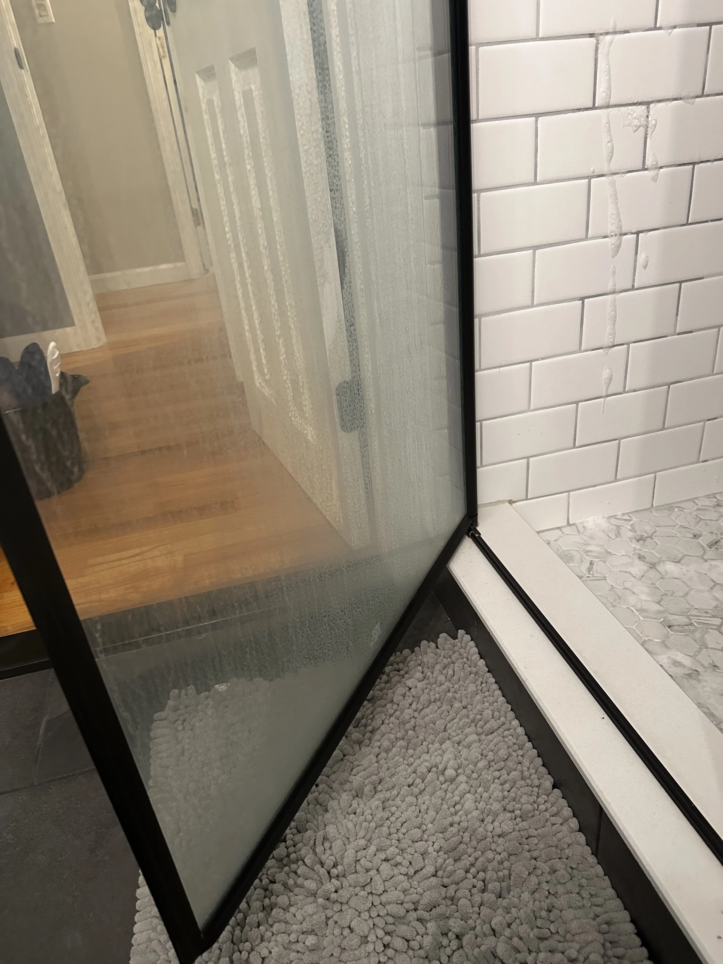 A glass door with a black frame, separating a room with wooden flooring and a beige rug from a tiled space with white subway tiles and a grey hexagonal pattern.