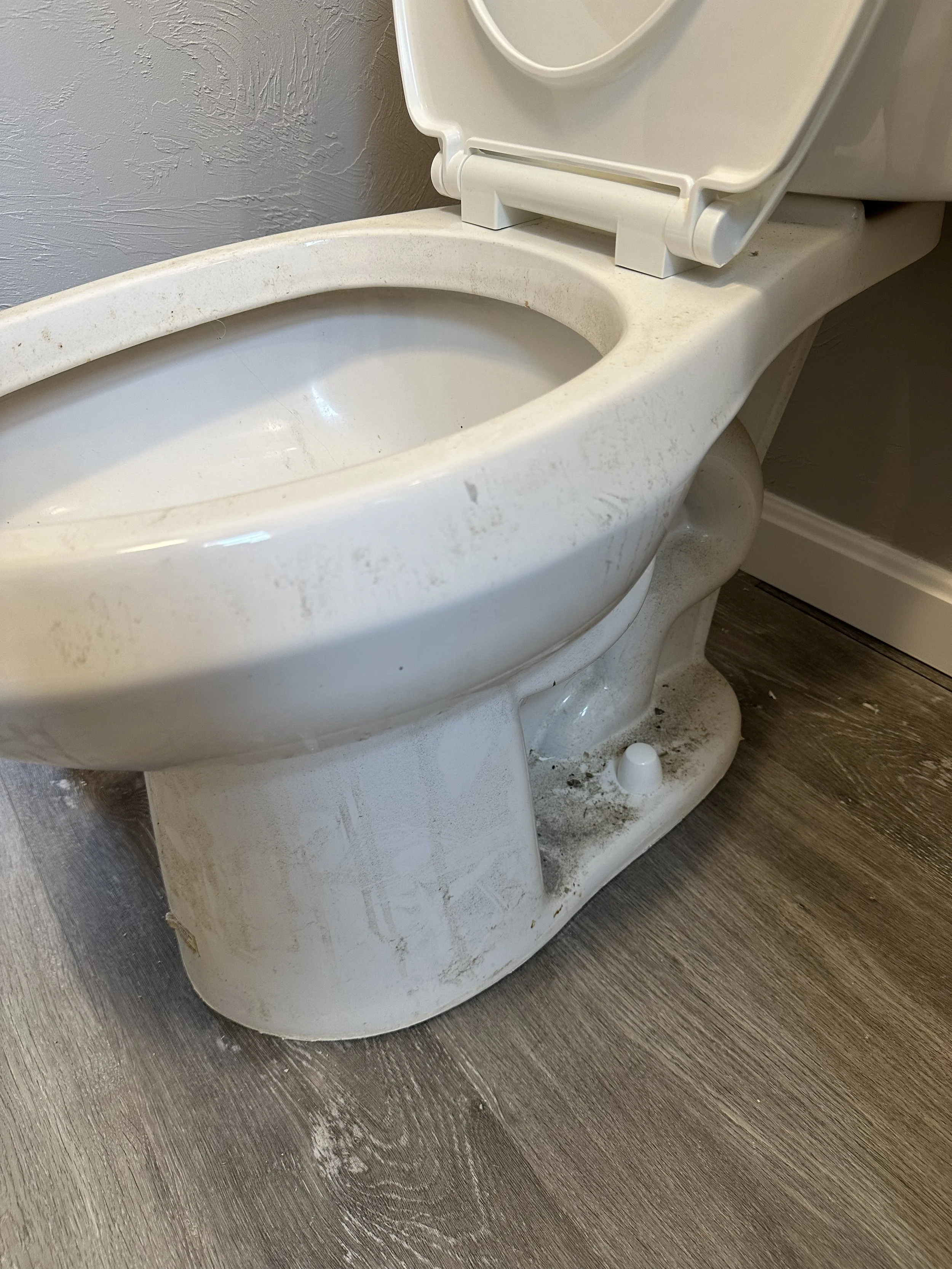 Dirty, stained white ceramic toilet with open lid, located in a bathroom with gray textured wall and wood-look floor.