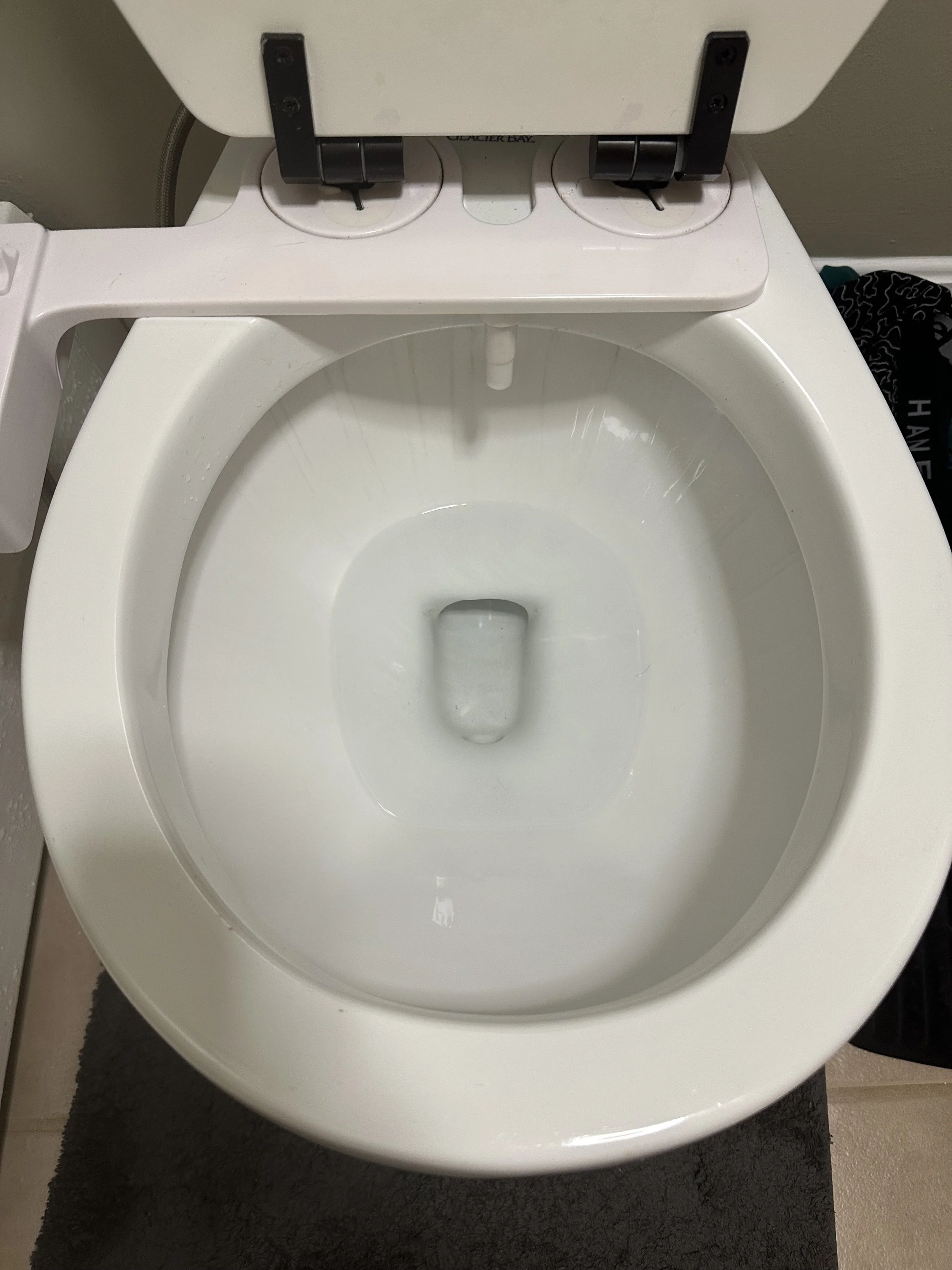 Top view of an empty white toilet bowl with the lid raised, showing the water inside.