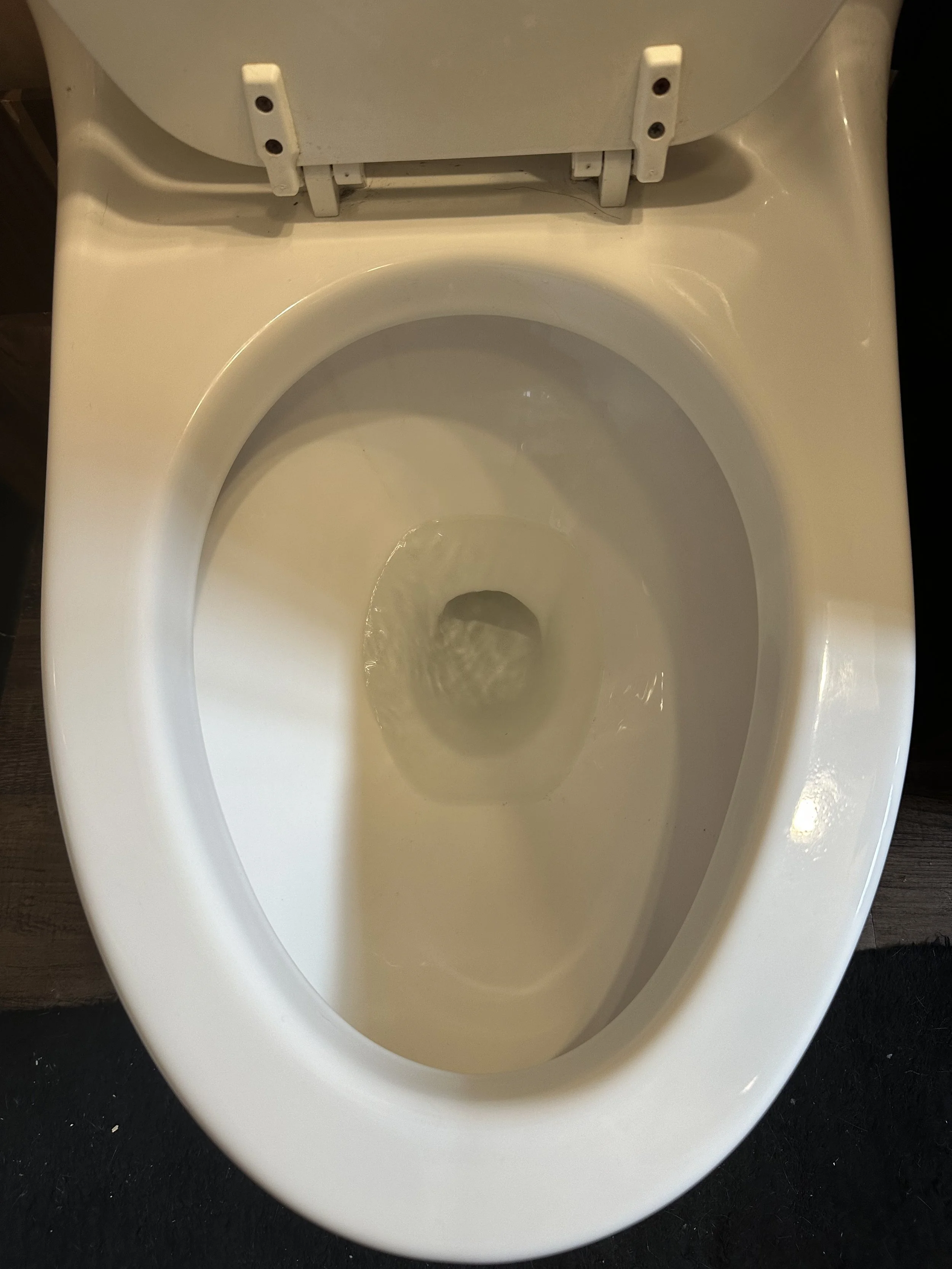 A white toilet bowl with the seat lid open, showing water inside.