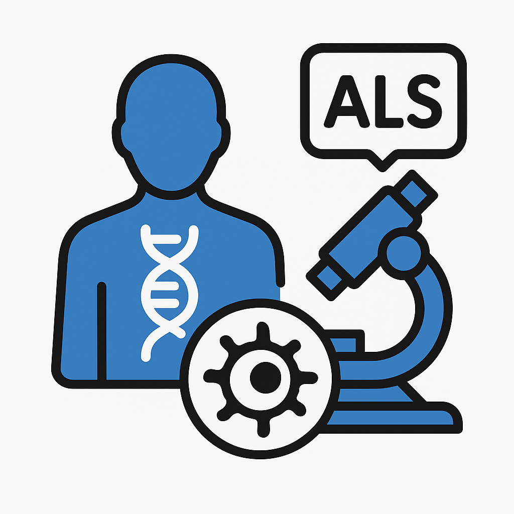 Illustration of a person with a DNA strand on their chest, a microscope with a speech bubble labeled ALS, and a gear symbol.