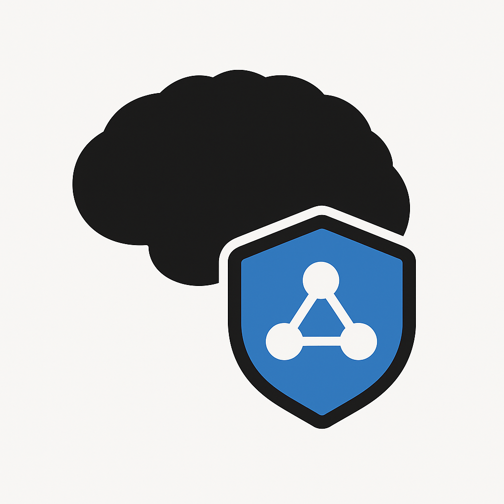 A black silhouette of a brain with a blue shield containing a white connected nodes icon in front of it.
