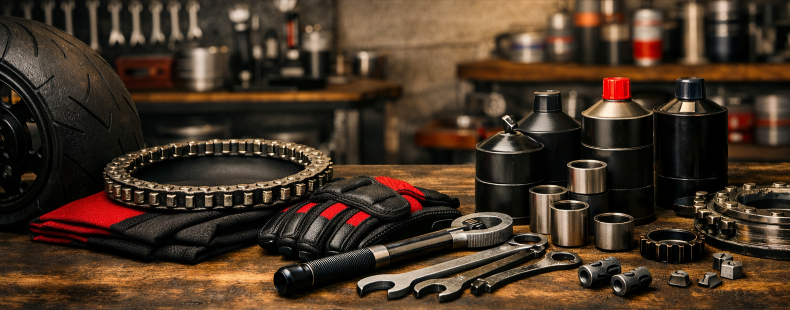 Werkzeug und Autoersatzteile auf einem Arbeitstisch, inklusive Reifen, Handschuhe, Werkzeug, Fettpötte und Lager.