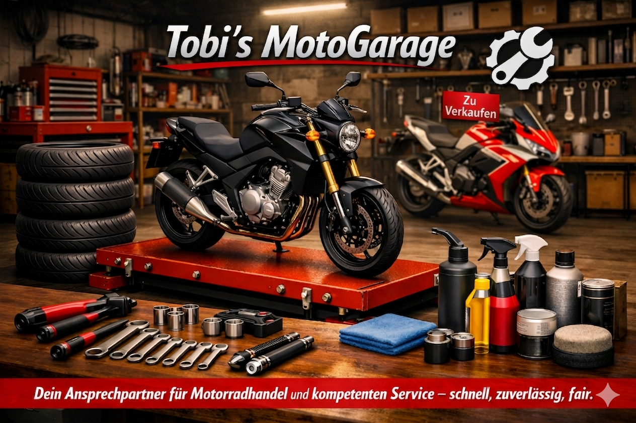 Motorradwerkstatt mit zwei Motorrädern, Werkzeugen, Reifen und Pflegeprodukten. Signet: Tobi's MotoGarage, zum Verkauf. Slogan: Dein Ansprechpartner für Motorradhandel und Service.